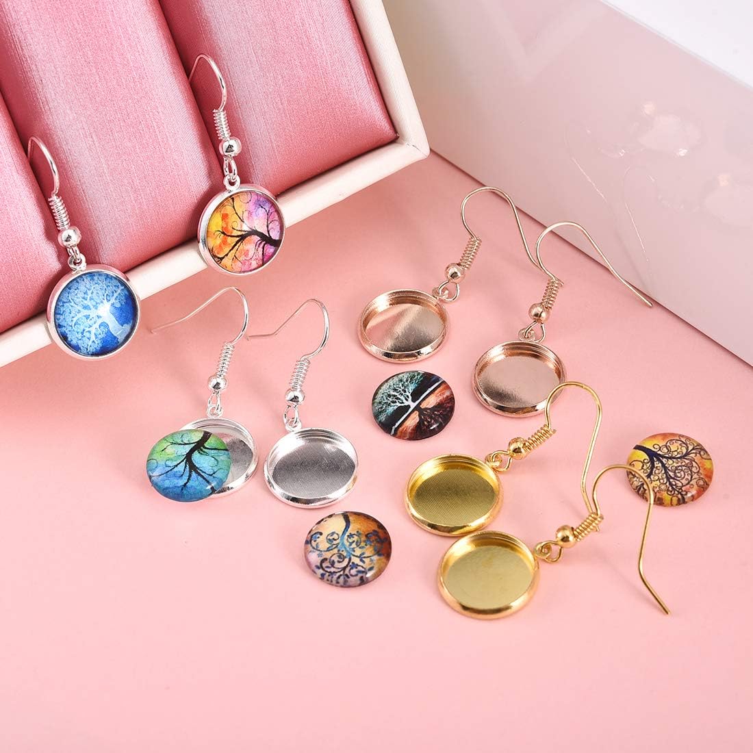 LANBEIDE 12mm Earring Wire Hooks with Glass Cover Cabochon Setting, 84 PCS 7 Colors Alloy Earring Bezel Trays for Jewelry Making