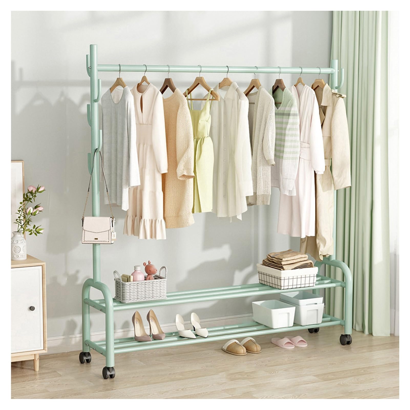 Aycdl Green Metal Clothing Rack With 2-Tier Storage Shelves Heavy-Duty Rolling Garment Stand With 7 Hooks For Basement Attic Entryway Bedroom Max Load 100Kg,-150Cm