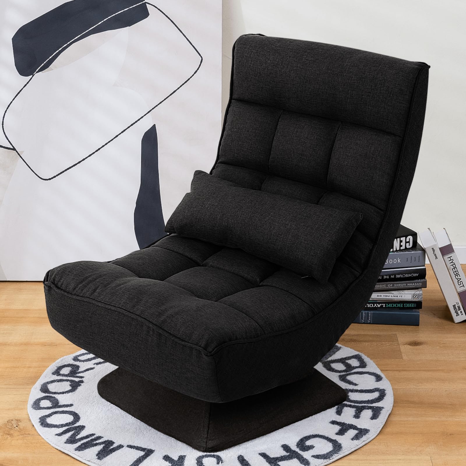 Multigot Folding Floor Chair, 4-Position Adjustable Lazy Sofa Chair with 360 Degree Swivel Base and Lumbar Pillow, High Back Upholstered Gaming Lounge Chair for Living Room Bedroom Office (Black)