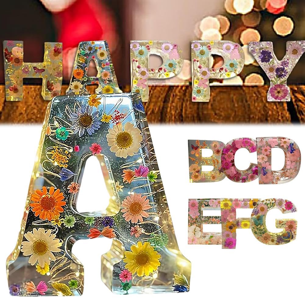 Handmade Floral Night Light, 2026 Floral Resin Night Light Letter, Flower Resin Letter Lamp with LED Lights, DIY Handmade Creative Letters Flower Lamp, For Various (A)