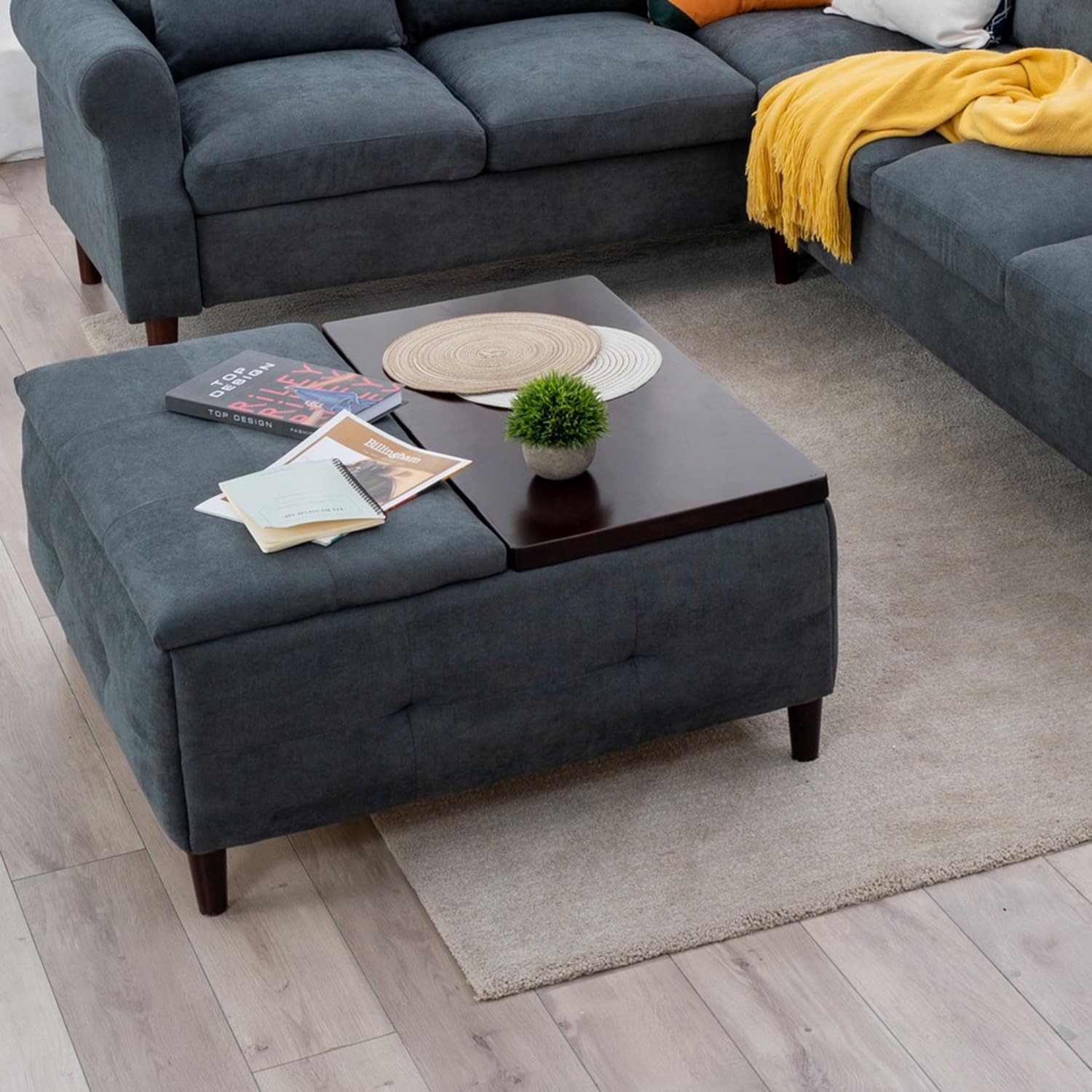 Panana Large Tufted Upholstered Ottoman Bench and Coffee Table with Storage, 35 x 35 x 16 inches, Solid Wood Legs, Lift-up Lid, Linen or Leather Look