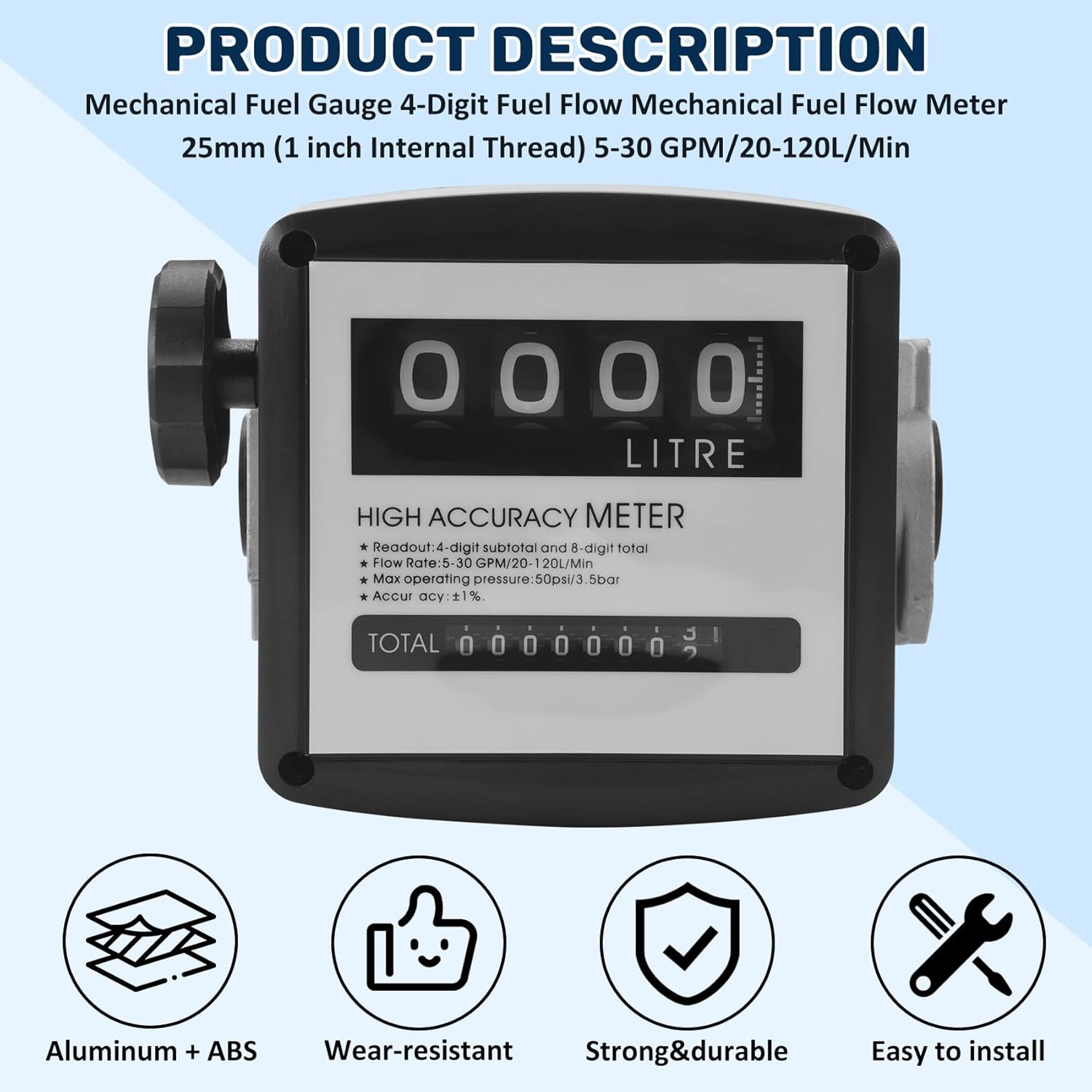 Mechanical Fuel Gauge 4-Digit Fuel Flow Mechanical Fuel Flow Meter 25Mm (1 inch Internal Thread) 5-30 GPM/20-120L/Min, Black