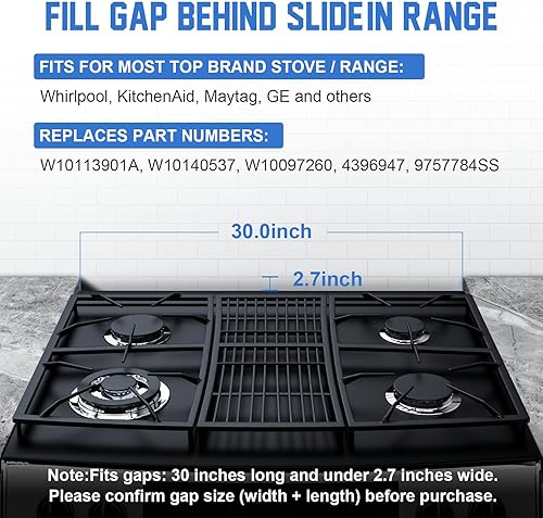 Miniatura 2 de Kit de llenado trasero deslizante de 30 pulgadas W10113901A, tira de llenado triangular universal para huecos de estufa, kit de molduras de cocina