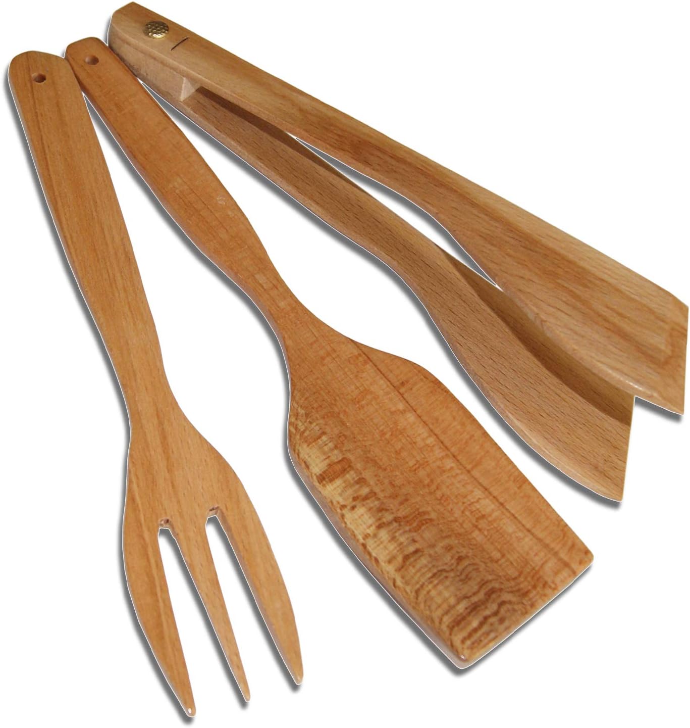 Kitchen Non Stick Tongs Fork Spatula 3 Pcs - Wooden Handmade Natural Beechwood Kitchen Utensil - Wood Spatula Turner BBQ Steak Fork Tongs - Best Gift Idea