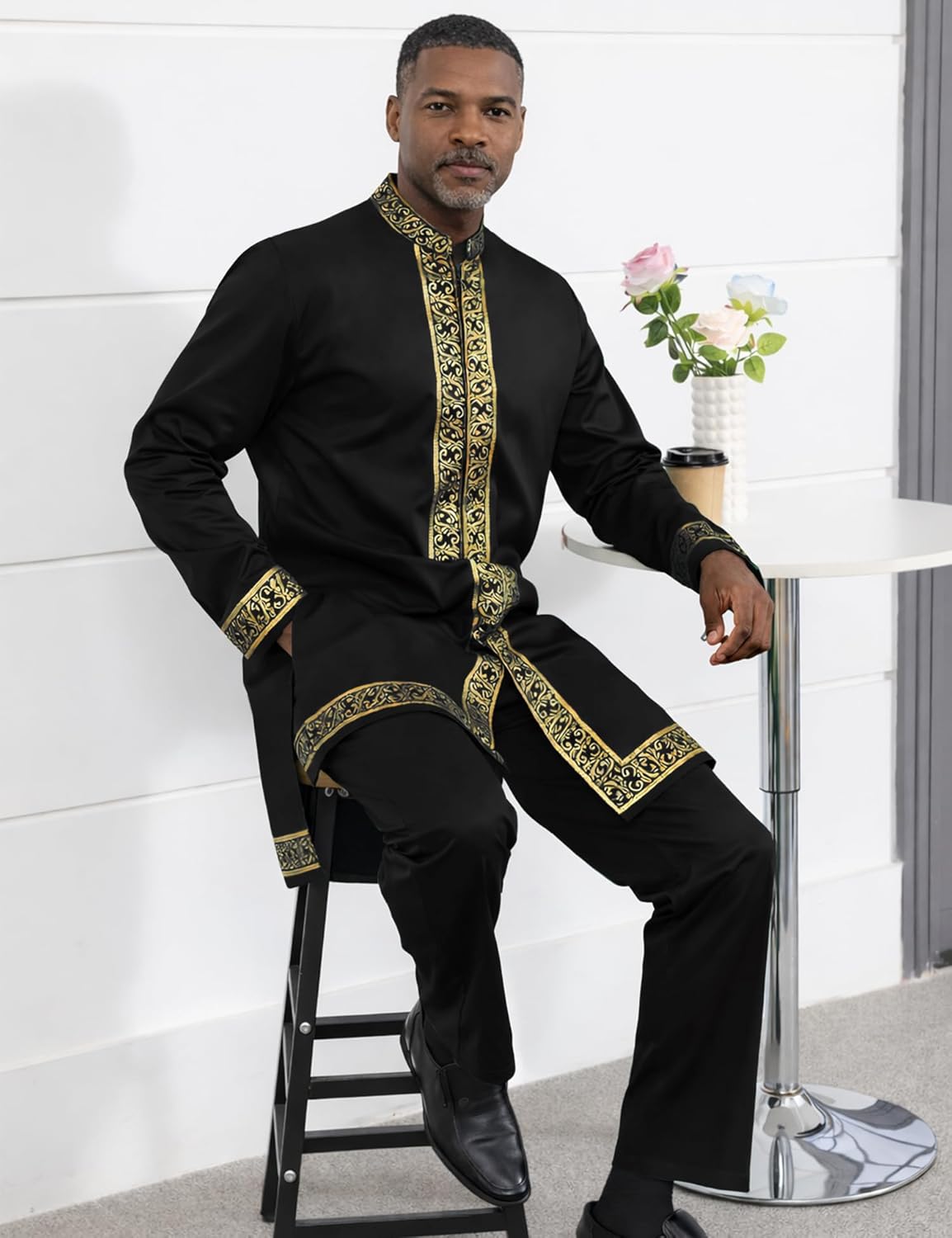 Mens African 2 Piece Set Nigerian Dashiki Shirt and Pants Outfit Gold Metallic Traditional Suit for Wedding Party Vacation - Image 2