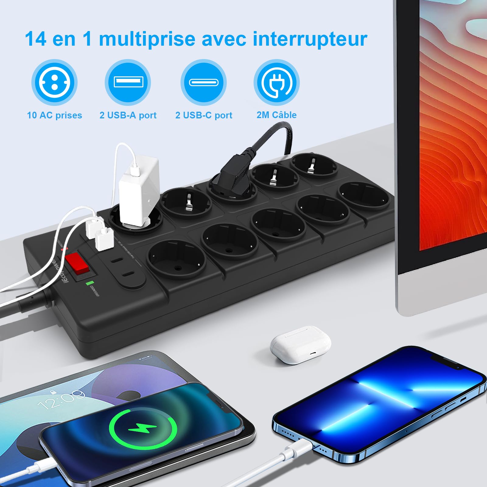 IECOPOWER multiprise 10 Prises,USB multiprise(PD 20W 2 USB-C Ports et 2 USB-A Ports), multiprise avec Interrupteur,4000W/16A,1050 J, multiprise parafoudre et câble d'extension de 2 m, Noir