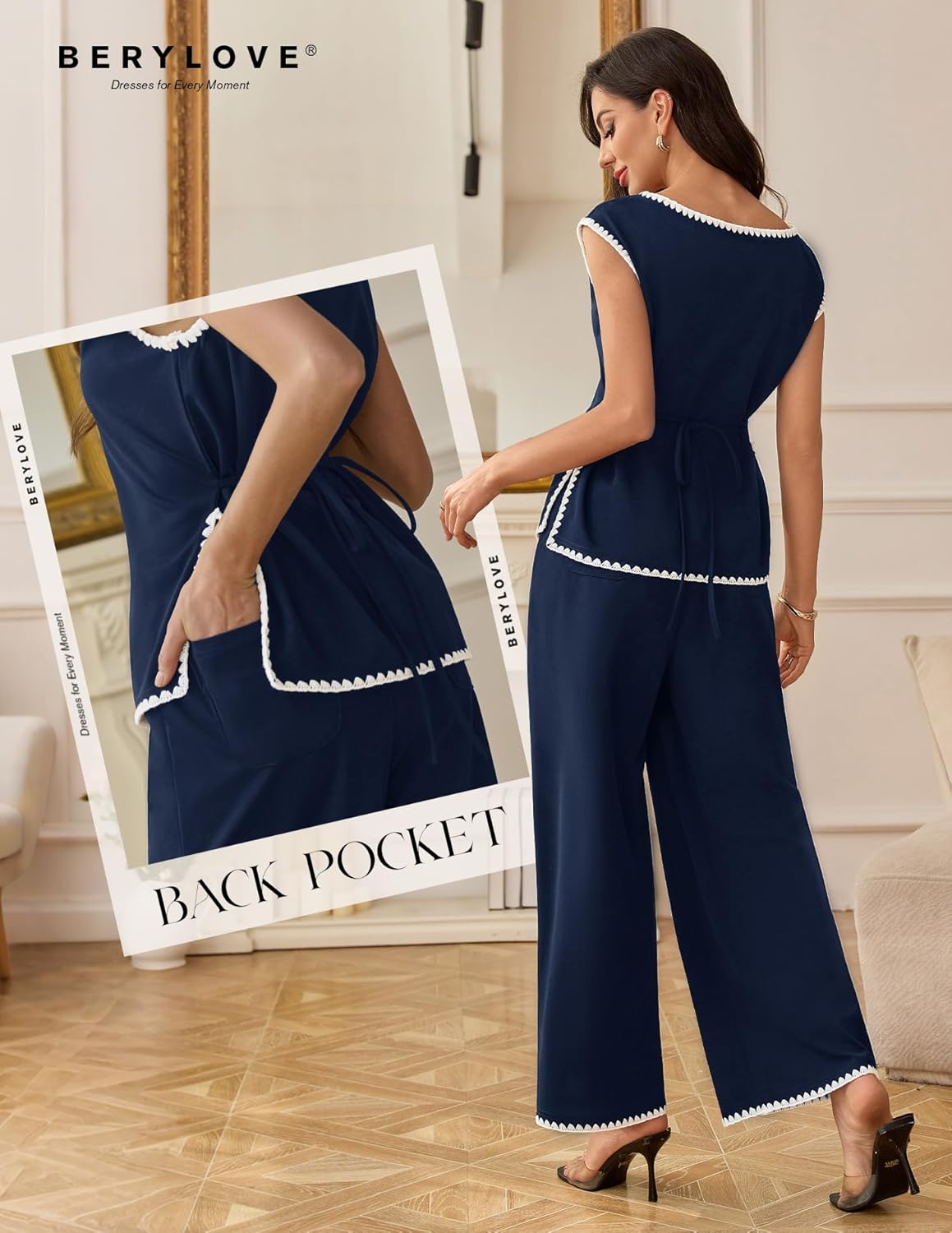 BeryLove Two Piece Sets for Women Summer Outfits Lounge Sets Cap Sleeve Tops Wide Leg Crop Pants Vacation Travel Outfits - Image 4