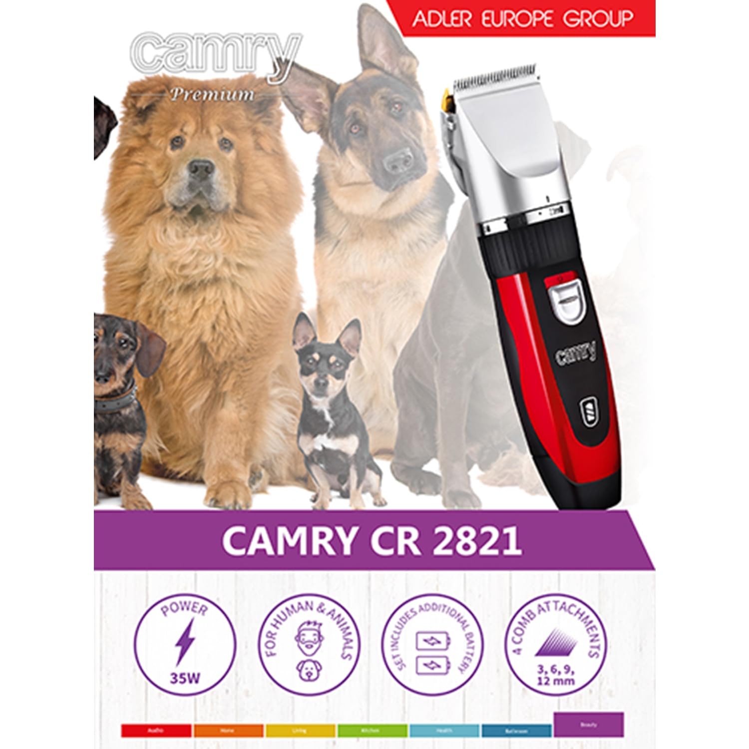 Camry CR 2821 Cortapelos para Mascotas, Perros, Gatos, Profesional, cabezal titanio, cuhillas cerámicas, inalámbrica 2 x bateria recargable, bajo Ruido y Vibración, 4 Peines para Pelo Rizado, Ondulado, Largo de Animales, 35W