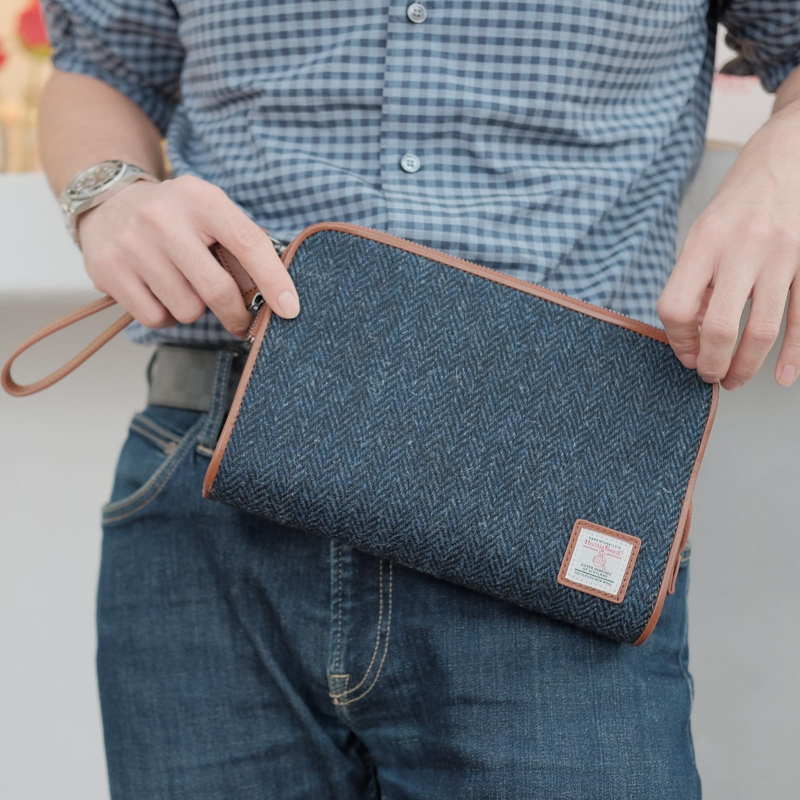TAILORMAP Harris Tweed - Pochette da uomo in lana e pelle, borsa da polso da lavoro, grande borsa a busta