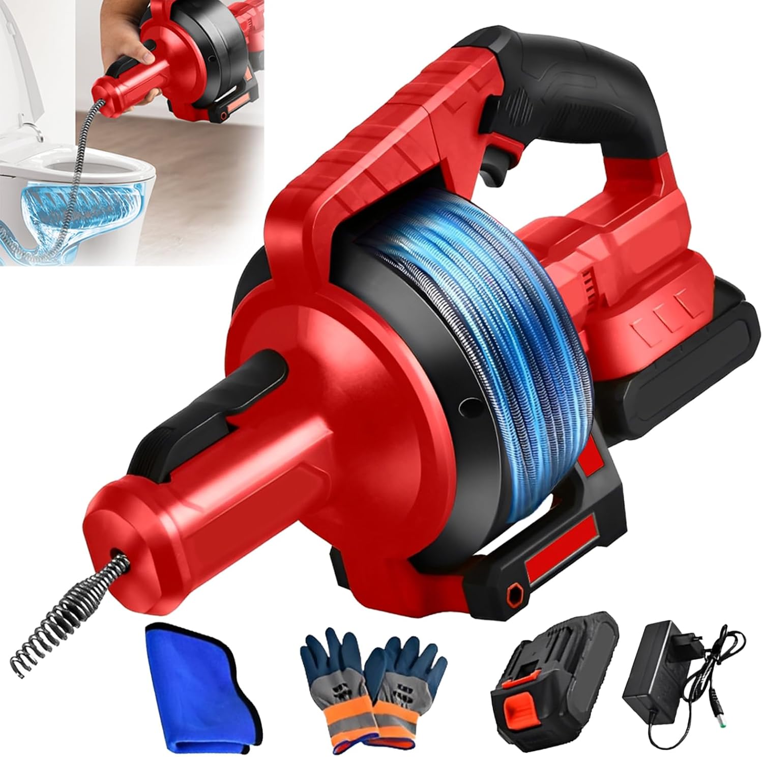 Electric Drain Snake Auger 25 Ft, Powerful 21V 2600mAh Heavy Duty Toilet Snake Auger with 2.6Ah Battery, Cordless Auto-Feed Plumbing Snake Drain Hair Clog Removal Tool for Kitchen Bathroom Shower Pipe