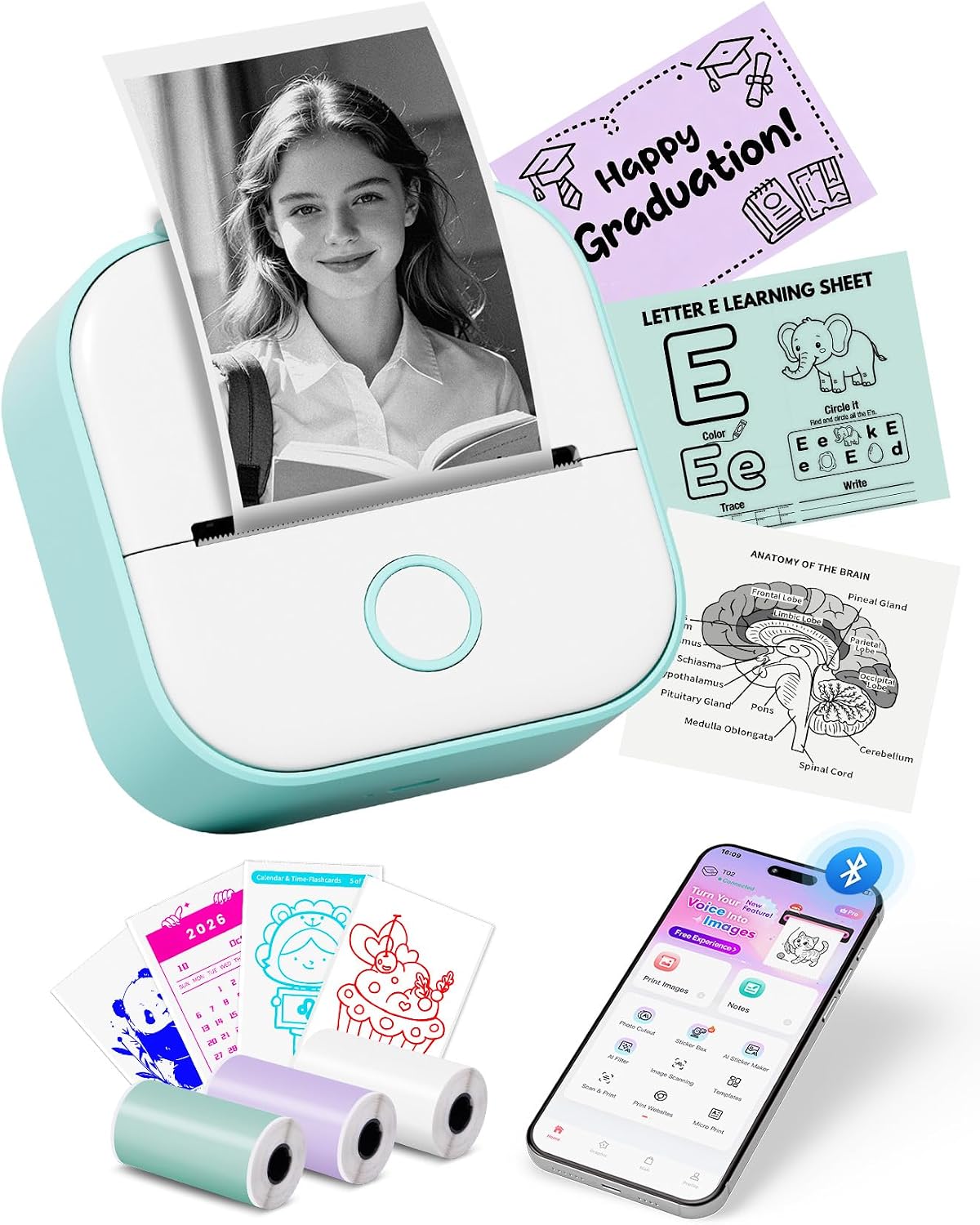 Memoking Mini Sticker Printer, T02 Portable Thermal Printer, Photo Printer | Bluetooth Sticker Maker for Kids, Inkless Label Maker, Print Pods Instant Print, Smart AI APP, for Study Note, DIY, Gifts
