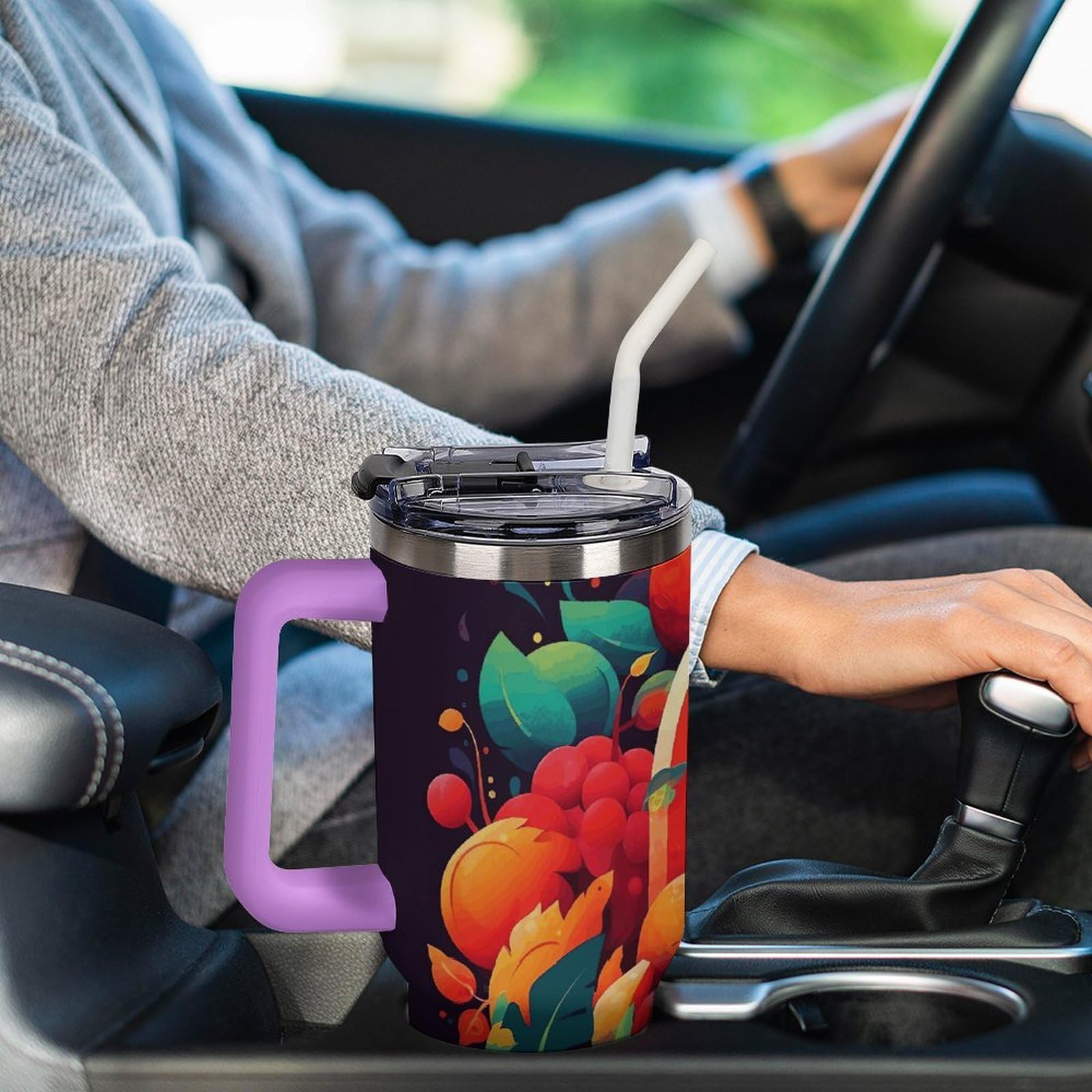 Autobecher aus 304 Edelstahl, bunt, mit Strohhalm und auslaufsicherem Deckel, großes Fassungsvermögen, vakuumisolierter Reisebecher für Auto-Becherhalter, 1,2 l