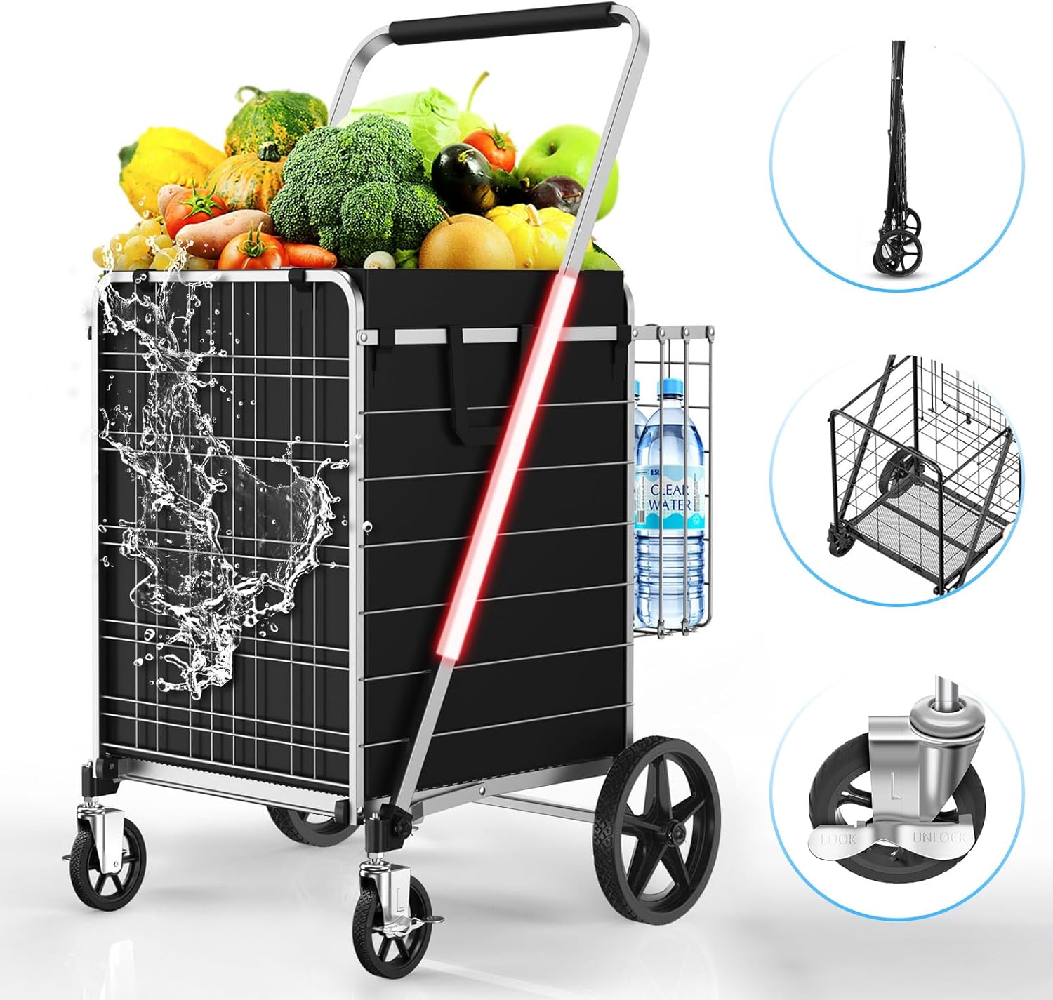 Folding Shopping Cart with 360° Rolling Swivel Wheels & Brakes - Jumbo Foldable Grocery Cart with Double Basket & Waterproof Liner, 480lbs Portable Heavy Duty Utility Carts for Laundry