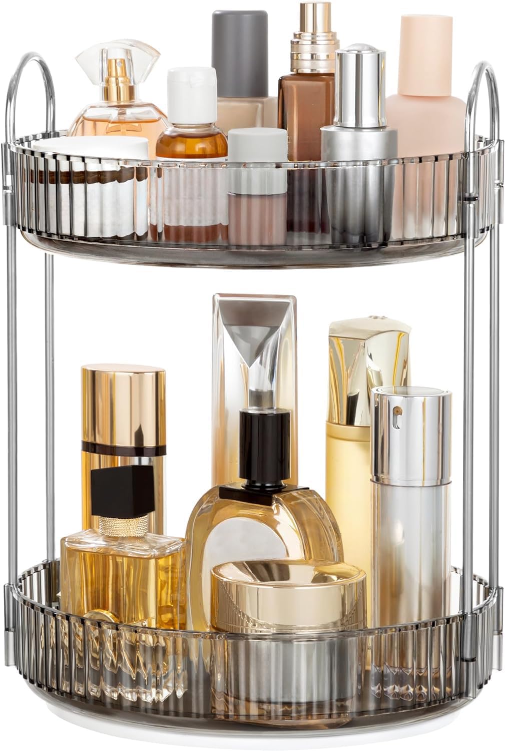 Vorey 360 Rotating Makeup Organizer Countertop 2 Tier Bathroom Organizer Spinning Perfume Organizers Skincare Organizers Makeup Carousel with Silver Handle Cosmetic Brush Storage, Clear Gray