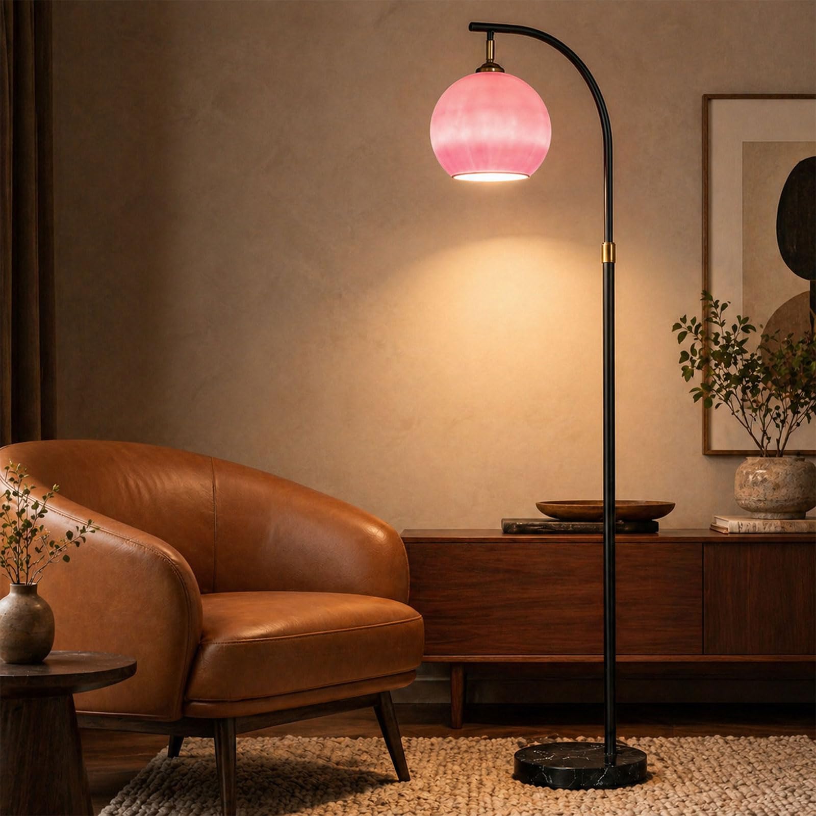 KlkrzJwy Arc Floor Lamp Mid Century Modern Pink Floor Lamp Height Adjustable Globe Glass Standing Lamp with E27 3-Color Temperature Marble Tall Light for Living Room Bedroom Study(Includes Bulb)
