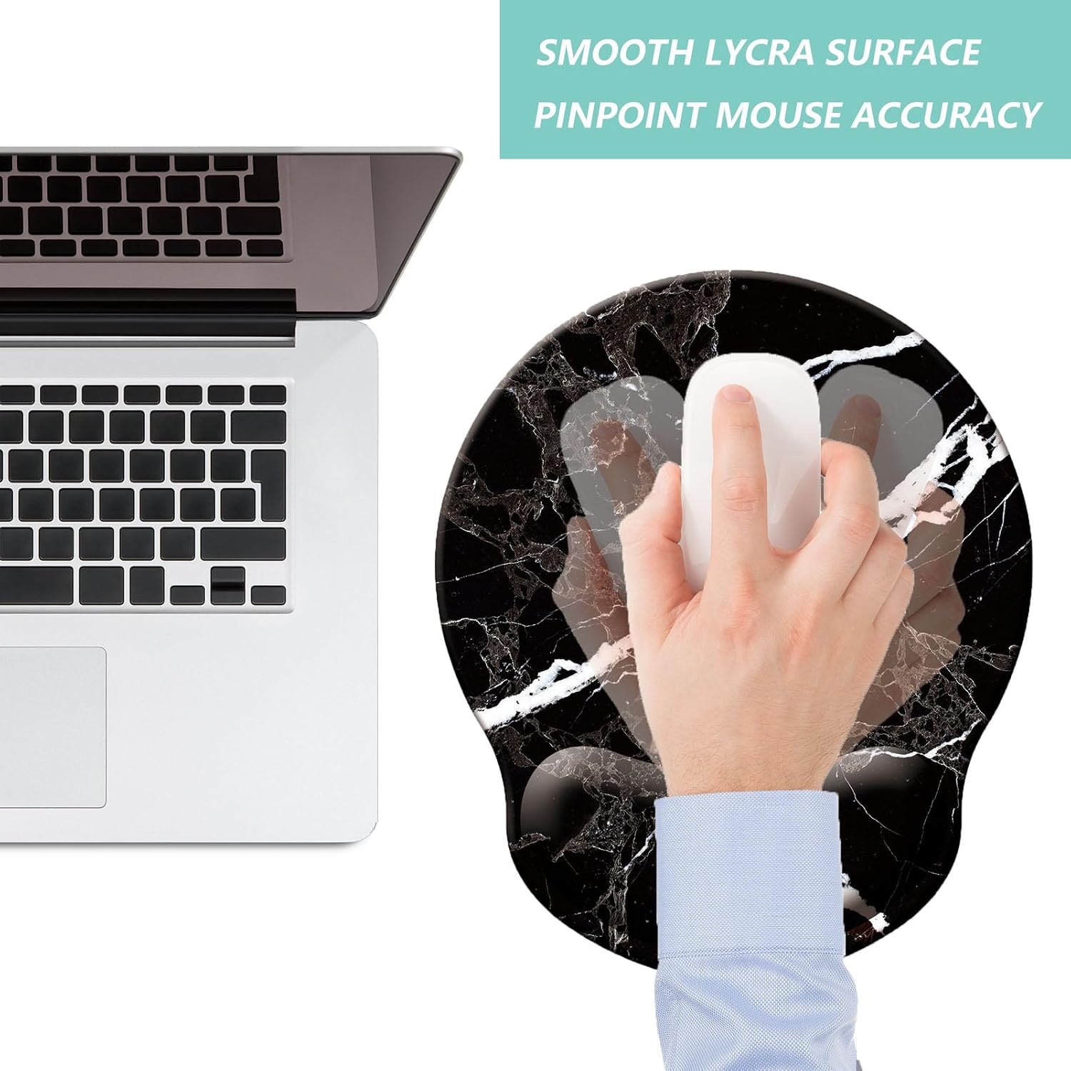 Mouse Pad with Wrist Support, Ergonomic Mouse Pad with Memory Foam Wrist Rest Cushion, Non-Slip Rubber Base Gaming Mice Pad for Home Office Computer Laptop, Black White Marble - 7