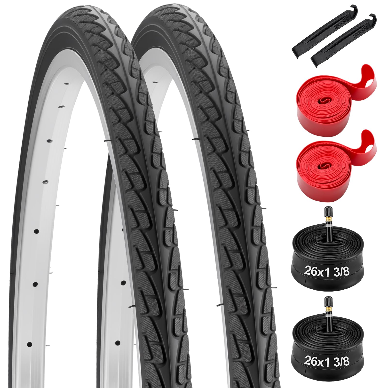 Photo 1 of 26'' x 1 3/8(37-590) Road Bike Tire and 26x1 3/8 Bike Tubes Schrader Valve Compatible with Vintage Urban Bicycle,Beach Cruiser Bikes, 26 x 1 3/8 Folding Road Bike Tire with 2 Levers,2 Rim Strips