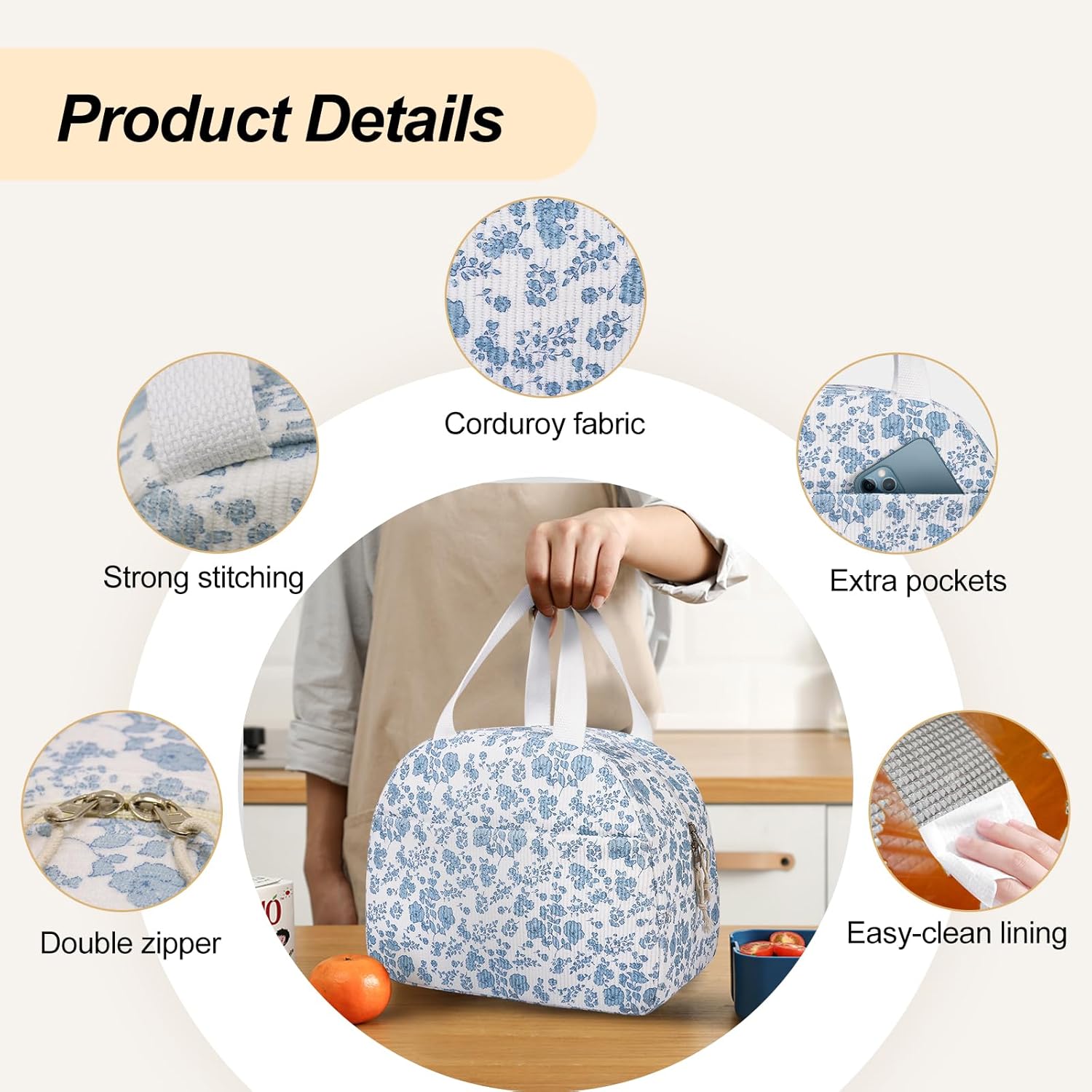 Lunch Box for Women,Cute Quilted Lunch Tote Bag,Reusable Insulated Lunch Box,Large Capacity Cooler Bag with Compartments for Work, Picnics or Travelling - Image 5