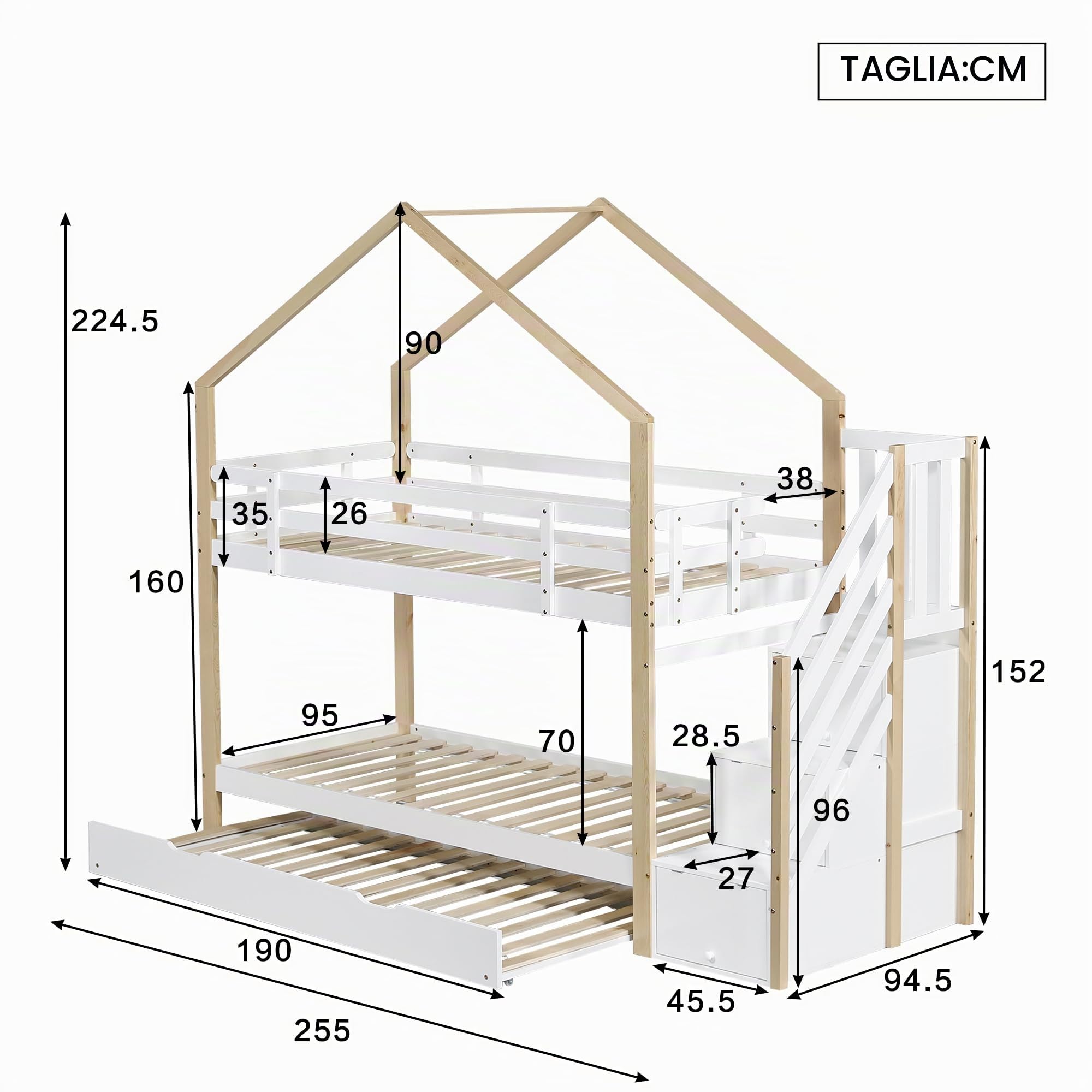 Idemon Letto a Castello a Forma di Casa sull'Albero 90×200 cm EN747-1 (Naturale/Bianco, Scala con 3 Cassetti & Letto Estraibile), Letto a Scorrimento Sicuro con Sponde Anti-Caduta & Rete a Doghe +