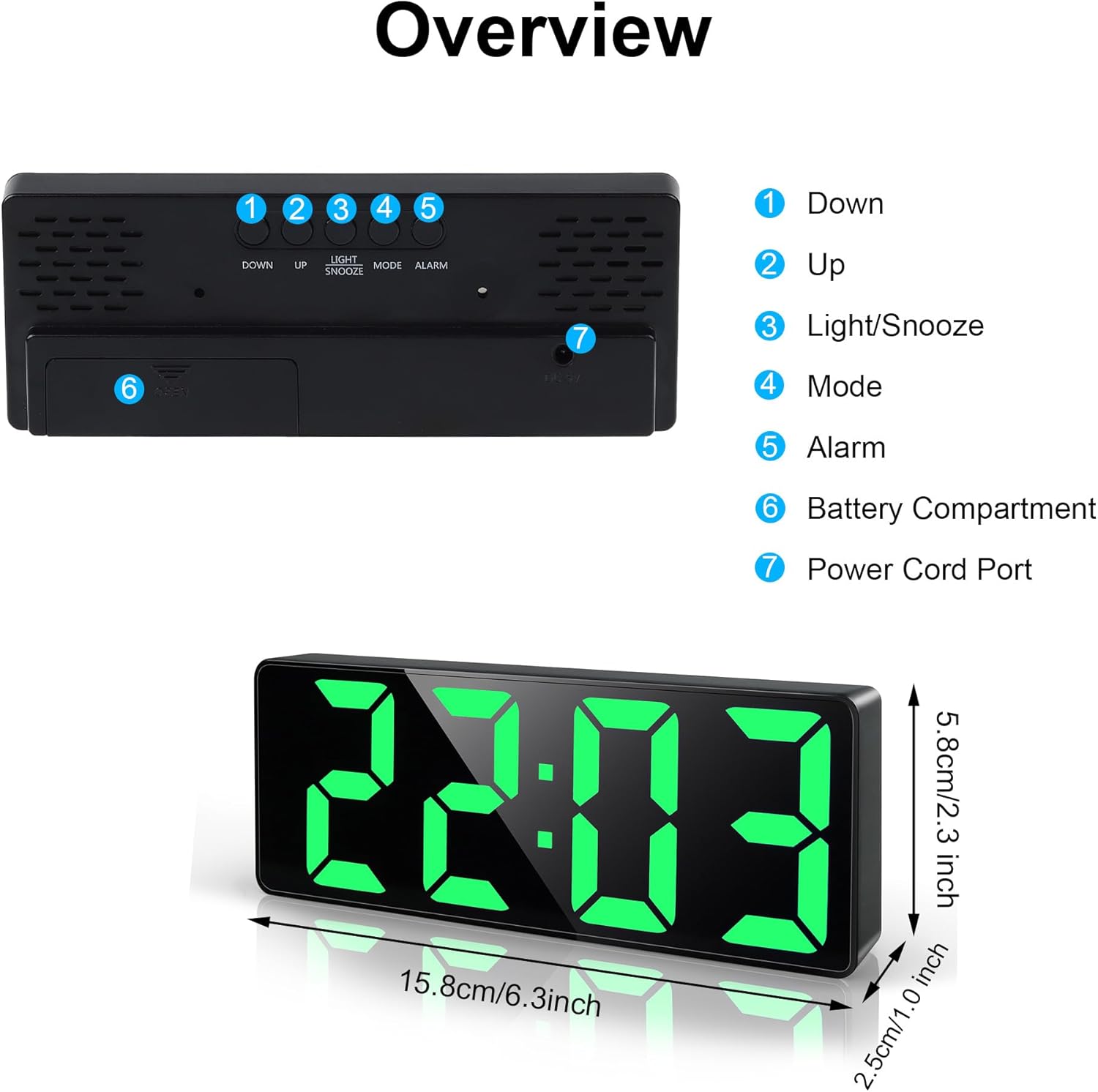 Diagram of the Lafocuse Digital LED Alarm Clock with numbered buttons and ports