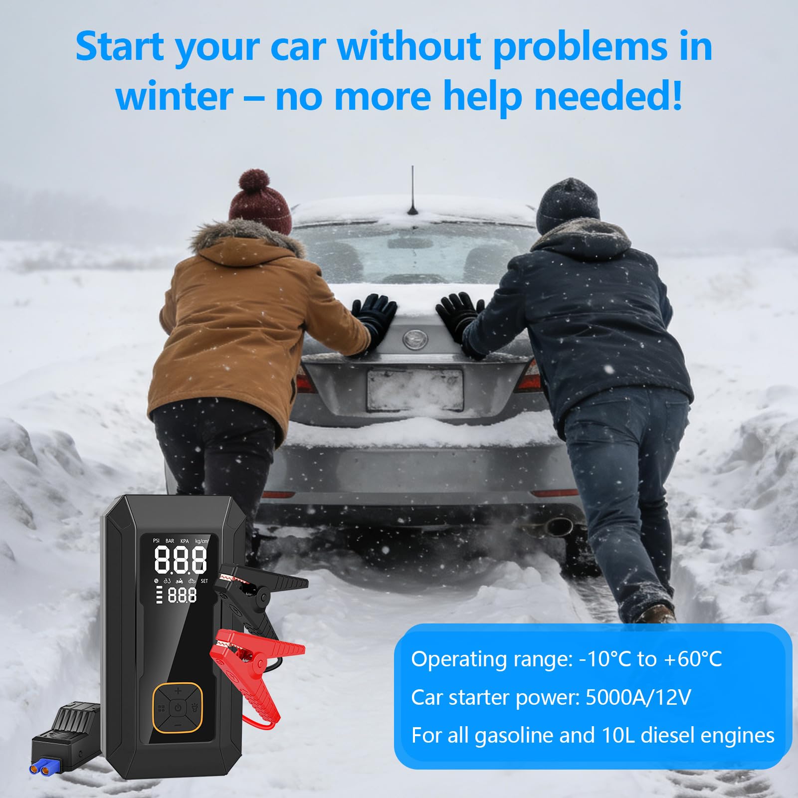 Starthilfe Powerbank für Pkw mit Kompressor 150PSI, Auto Starthilfe Powerbank für All Benzin und 8.0L Dieselmotor, 8000mAh Starthilfegerät mit Starthilfekabel, LED-Licht und LCD-Bildschirm