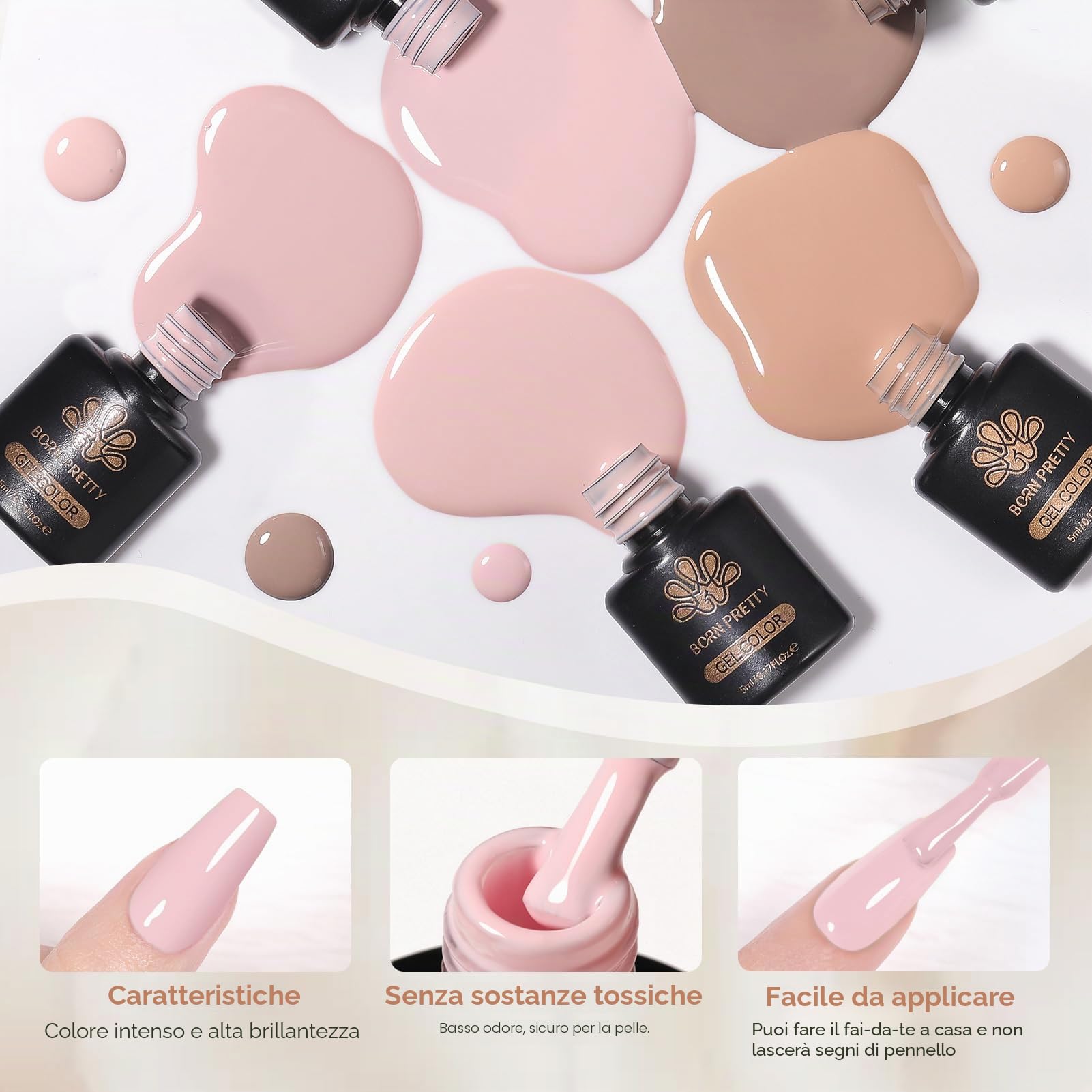 Born Pretty Set di smalti UV in gel, 52 pezzi, colore nude, rosa, rosso glitterato | Unghie in gel con base, top coat e top coat opaco, soak-off, mini UV LED, regalo