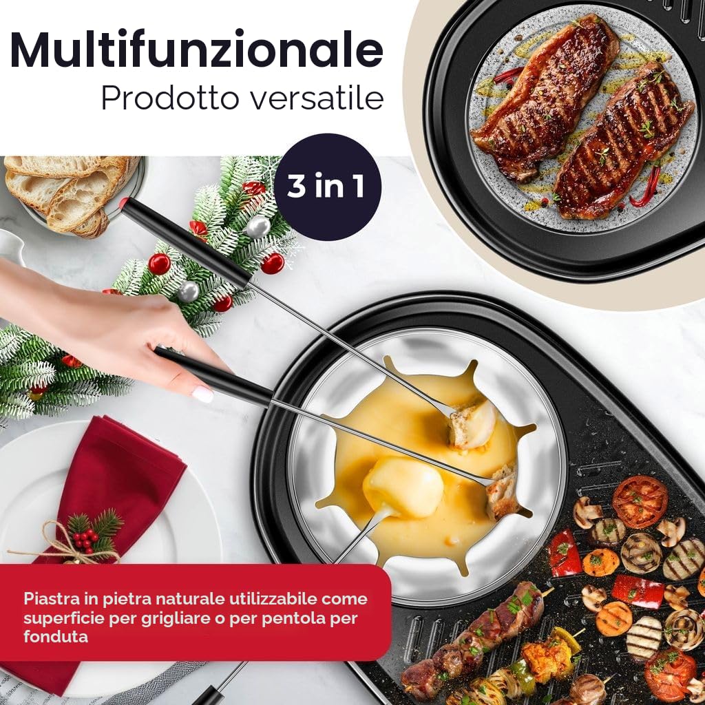 KESSER® Griglia per Raclette 3in1 con pietra naturale per grigliare, piastra per grigliare e fonduta, griglia da tavolo per 8 persone, griglia elettrica da raclette piastra antiaderente