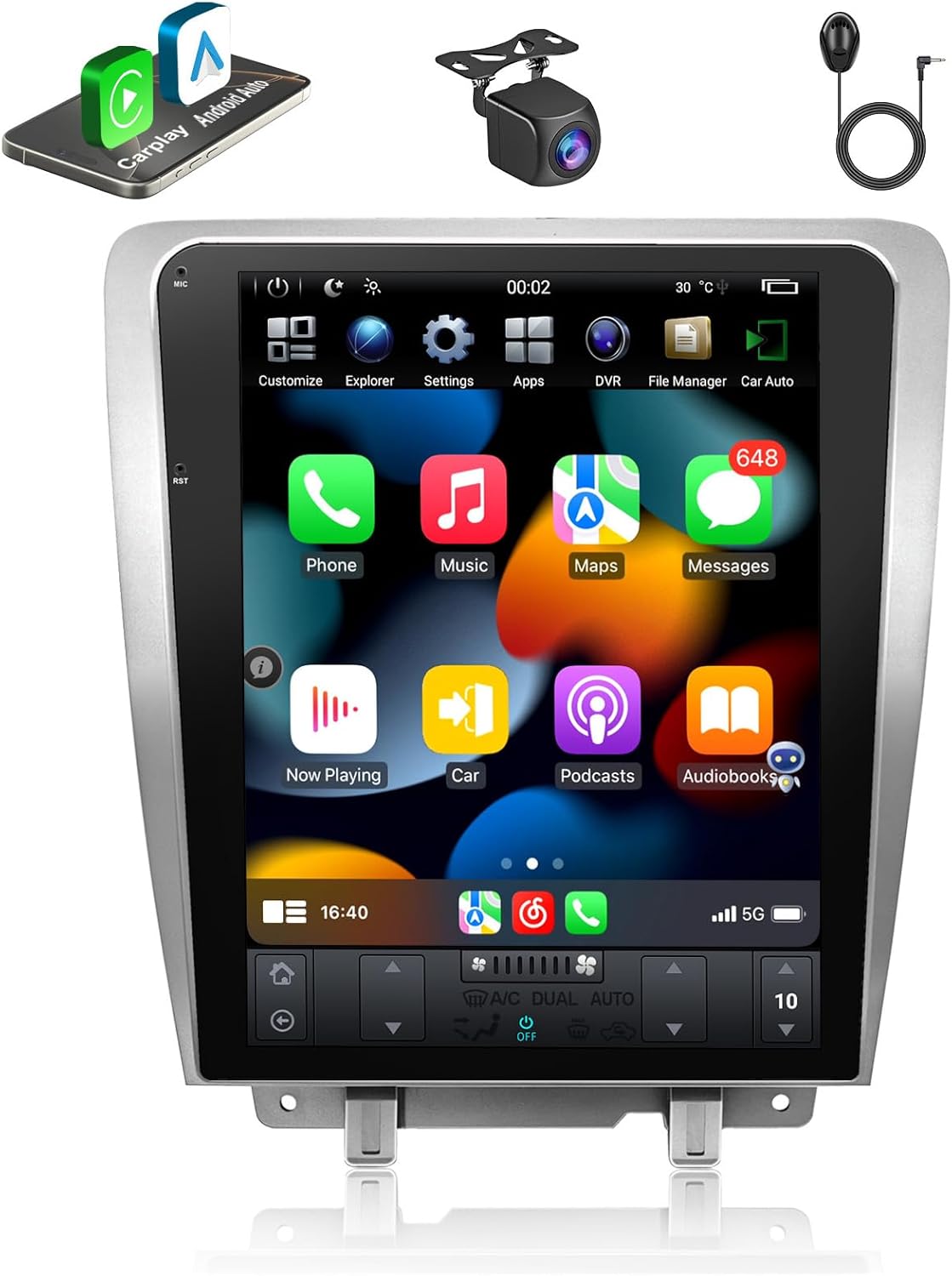 Android Car Stereo for Ford Mustang 2010-2014, 12.1" Vertical Touchscreen Radio Upgrade, Wireless CarPlay & Android Auto, Built-in DSP/GPS/WiFi, Supports Factory AC Control & SWC & Backup Camera