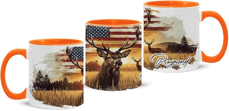 1PCS Patriotic Deer Coffee Mug 11oz 15oz, Custom Name Full Wrap Cup, Animal and American Flag Mug with Vintage Style, Personalized Wildlife Accent Cup, Gifts for US Citizens