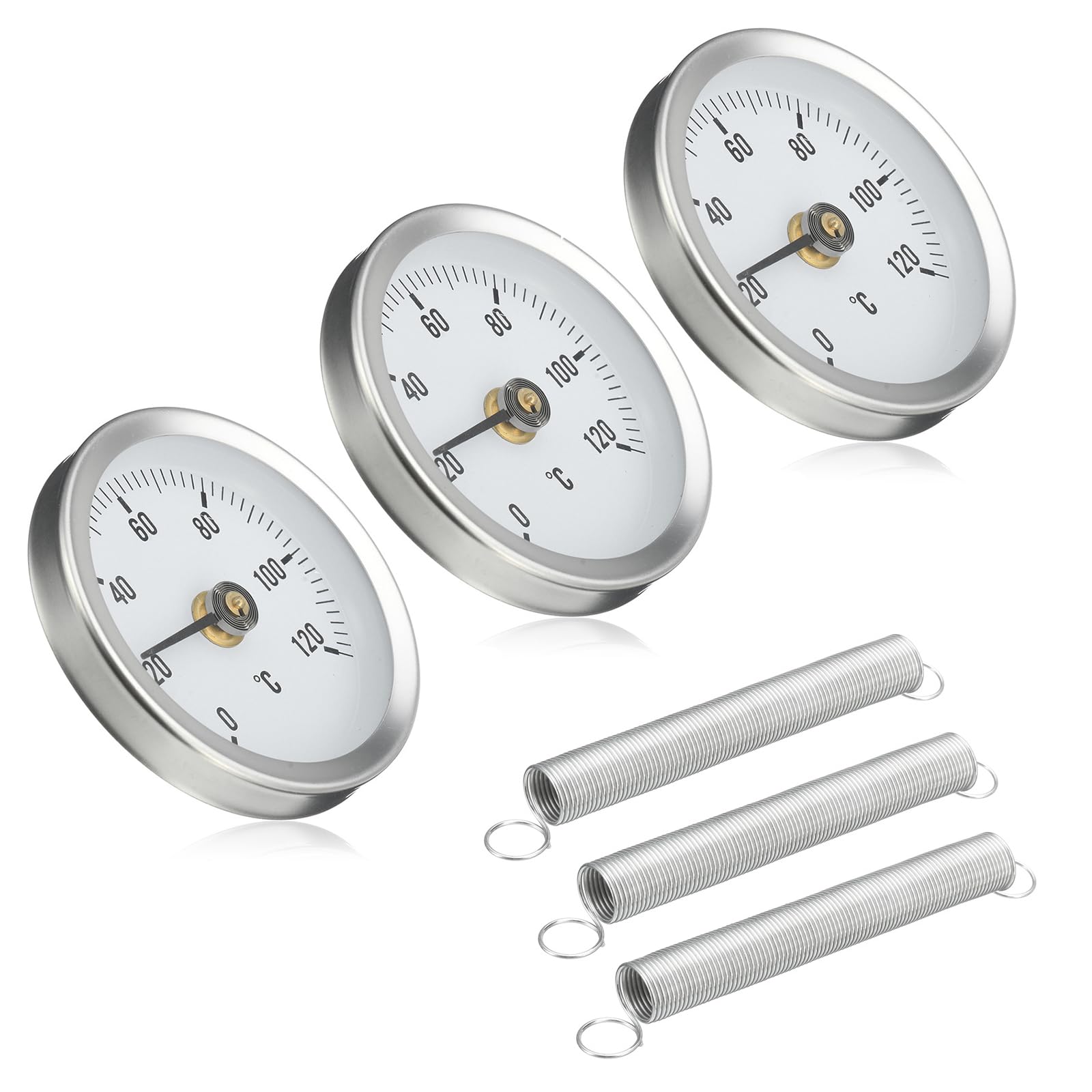 3 Stück Anlegethermometer Heizungsrohr, 63 mm 0-120 °C Bimetall Anlegethermometer Thermometer mit Clip-On Feder, Industrielles Rohrthermometer, Anlege-Zeigerthermometer
