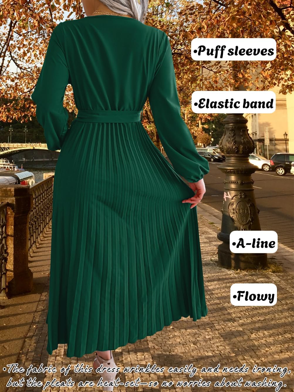 Women's Pleated Maxi Wrap Dress, Modest V-Neck Puff Sleeve Flowy Dresses for Business Casual Church Vacation - Image 5
