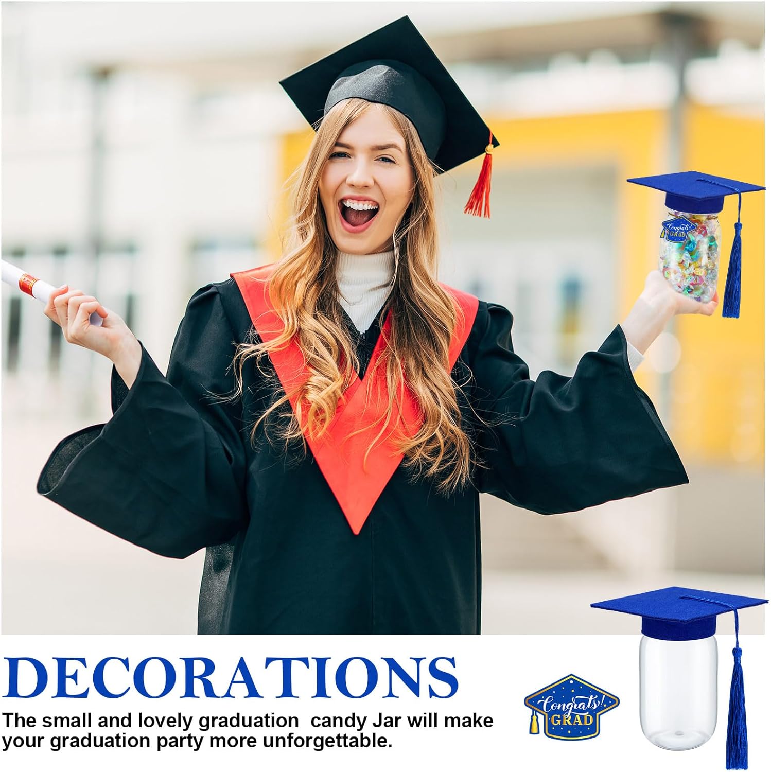 Newtay 12 Pcs Clear Plastic Graduation Jar with Lids Plastic Mini Canning Jars with 12 Felt Mini Graduation Hat and Cards and 6 Ropes Storage Containers Grad Party Supplies(Blue)
