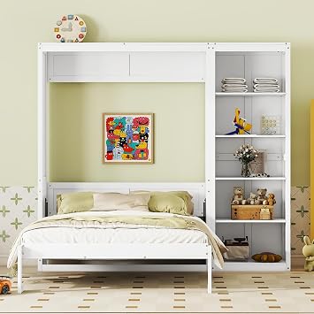 Modern Queen Size Murphy Bed Wall Bed with Bookcase and Adjustable Shelves, Traditional Solid Wood Murphy Bed Cabinet Bed Storage Platform Bed, No Box Spring Needed White-WL2