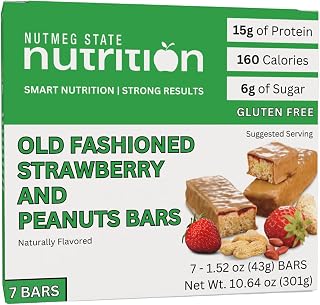 Nutmeg State Nutrition Protein Breakfast Bar, High Protein Snack Bar, 15g Protein, Low Calorie, Low Sugar, 150 Calories, Gluten Free, 7 Servings (Old Fashioned Strawberry and Peanuts)