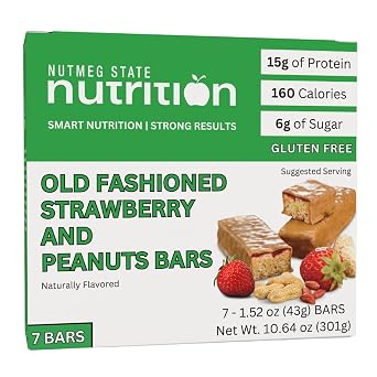 Nutmeg State Nutrition Protein Breakfast Bar, High Protein Snack Bar, 15g Protein, Low Calorie, Low Sugar, 150 Calories, Gluten Free, 7 Servings Old Fashioned Strawberry and Peanuts