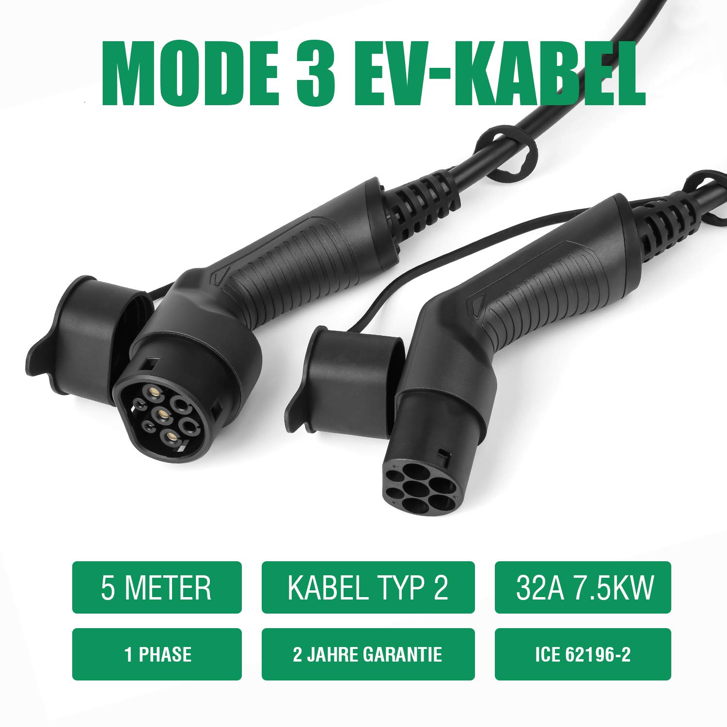 Cavo di ricarica per auto elettrico 32A monofase, 5m tipo 2 a tipo 2 (IEC 62196-2)
