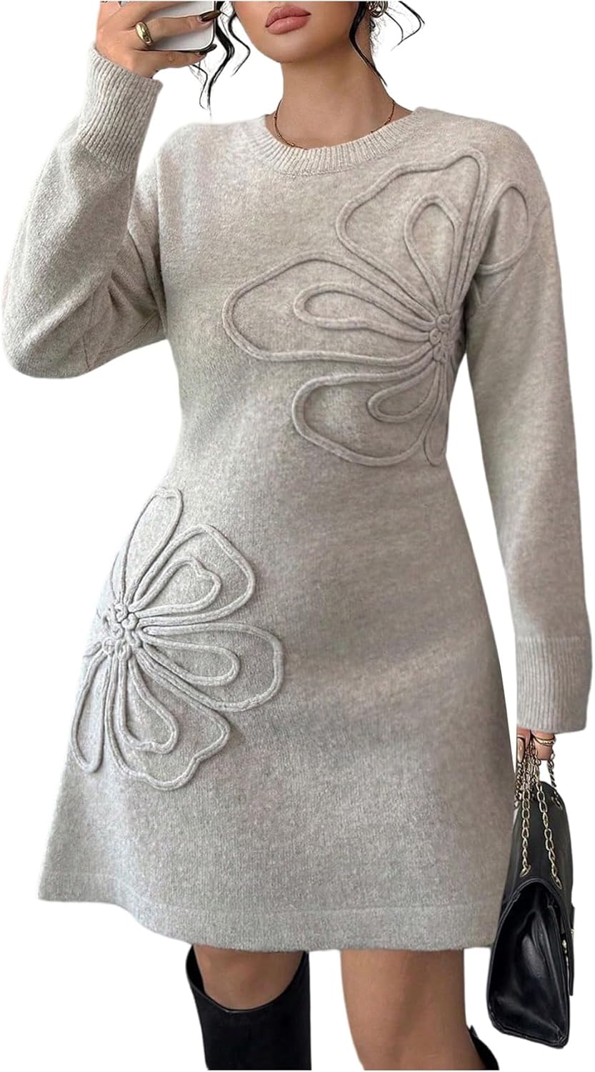 SOLY HUX Women's Plus Size Sweater Dress Floral Crew Neck Long Sleeve Knit A Line Fall Winter Dresses