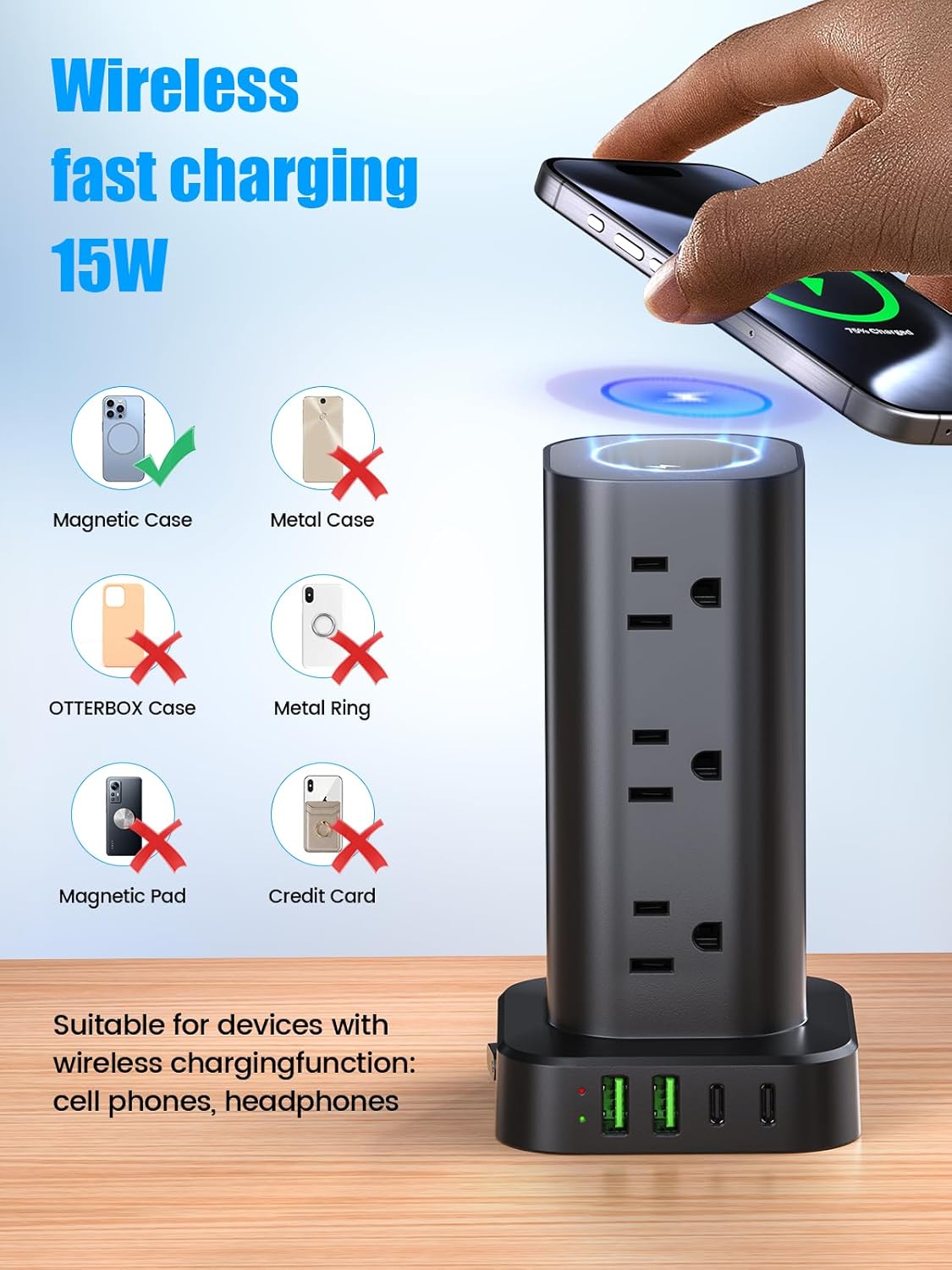 Tower Power Strip with 15W Wireless Charger, 10FT Flat Plug Extension Cord with Multiple Outlets, 12 AC Outlets, 4 USB Ports (2 USB C) Charging Station Surge Protector for Office Home Dorm Room(Black) 10FT with wireless charging Black