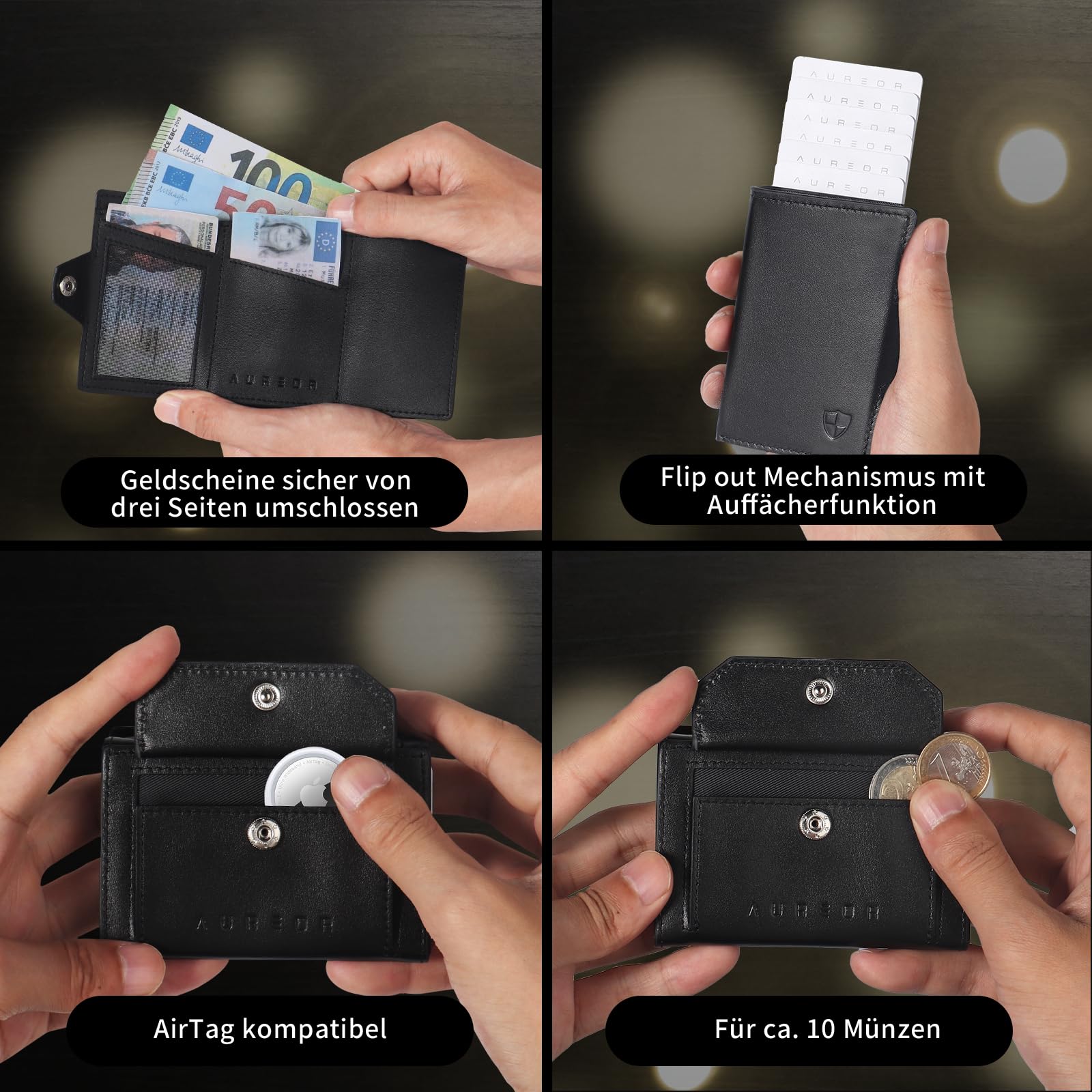 Slim Wallet mit Münzfach | Echtleder Geldbörse für Herren | Karten Portemonnaie | Kartenetui mit RFID Schutz | Smart Wallet 3.0 | Minimalistisches Design | Edles Schwarz