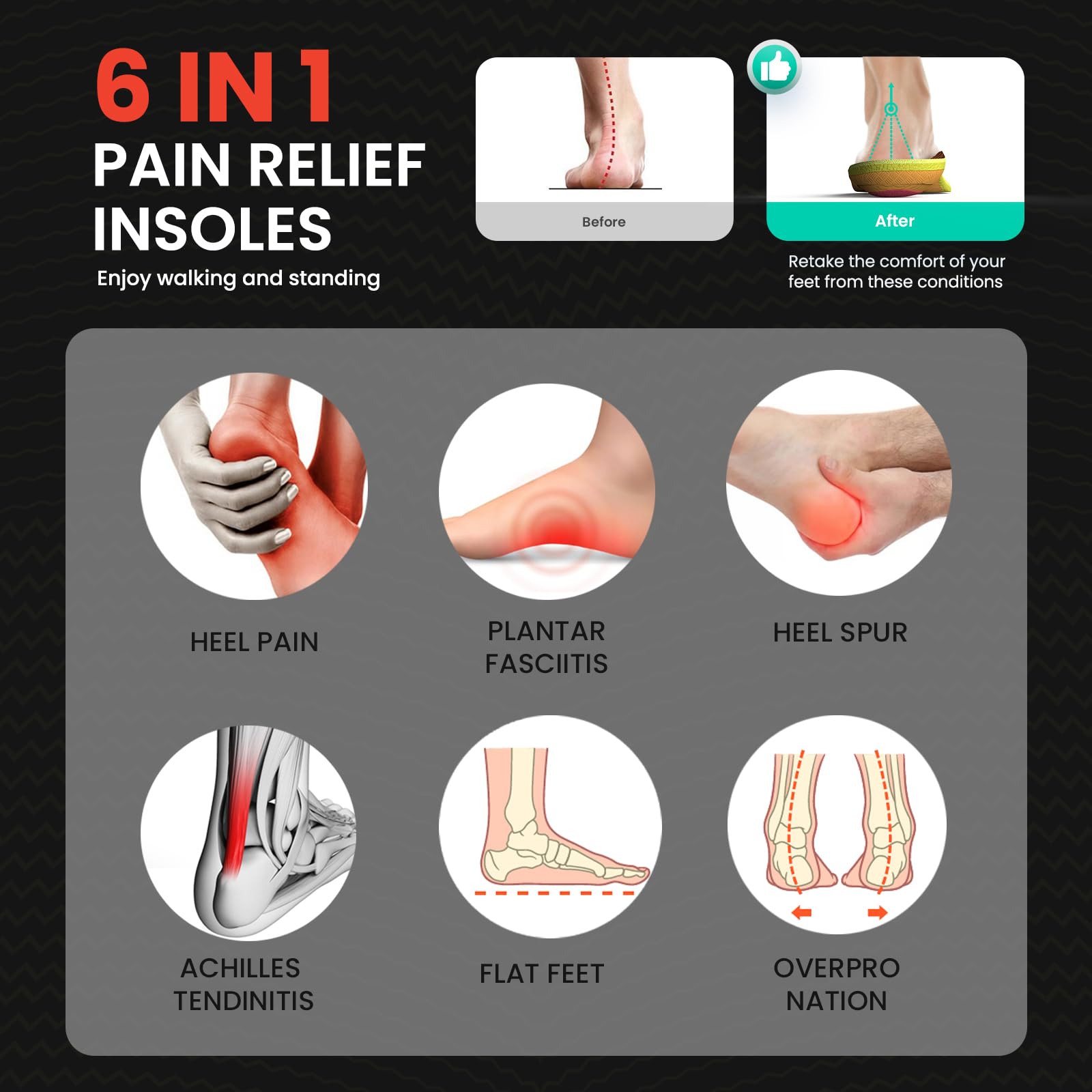Welnove Semelles orthopédiques pour soulager la fasciite plantaire -Semelles de soutien de la voûte plantaire pour soulager les douleurs des pieds, les pieds plats et les épines de talon-37.5-38.5