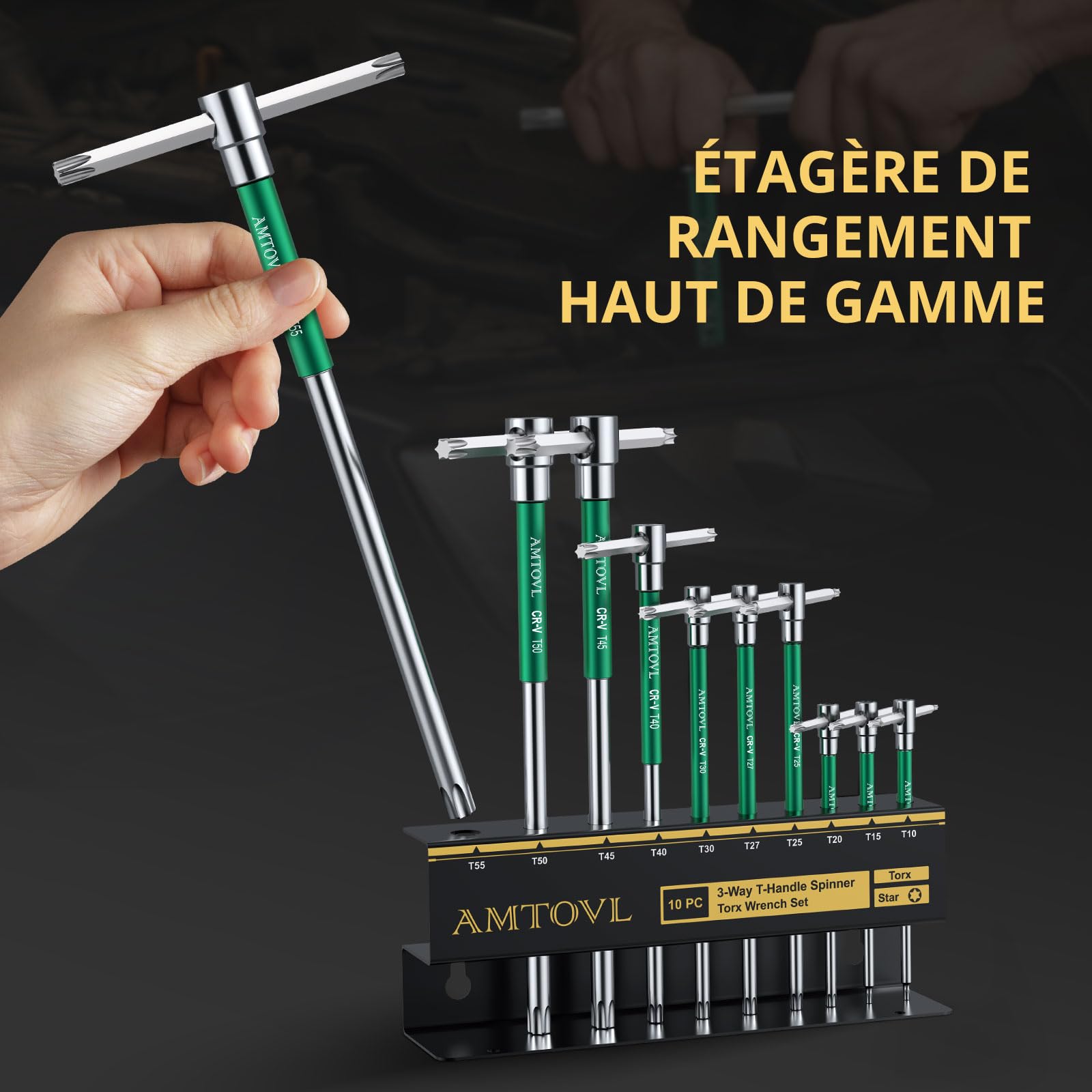 AMTOVL 10PCS Clés Torx à Poignée en T avec Rack de Stockage T10-T55 Jeu de Clés à Poignée en T Rotation Rapide Outil de Tournevis Matériau CRV Chromé - Vert