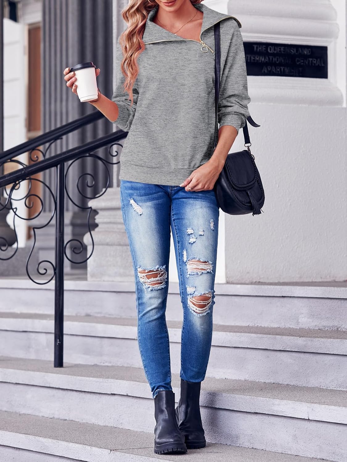 Womens Zipper Sweatshirt Turtleneck Long Sleeve Pullover Casual Loose Sweatshirts Top T Shirts - Image 6