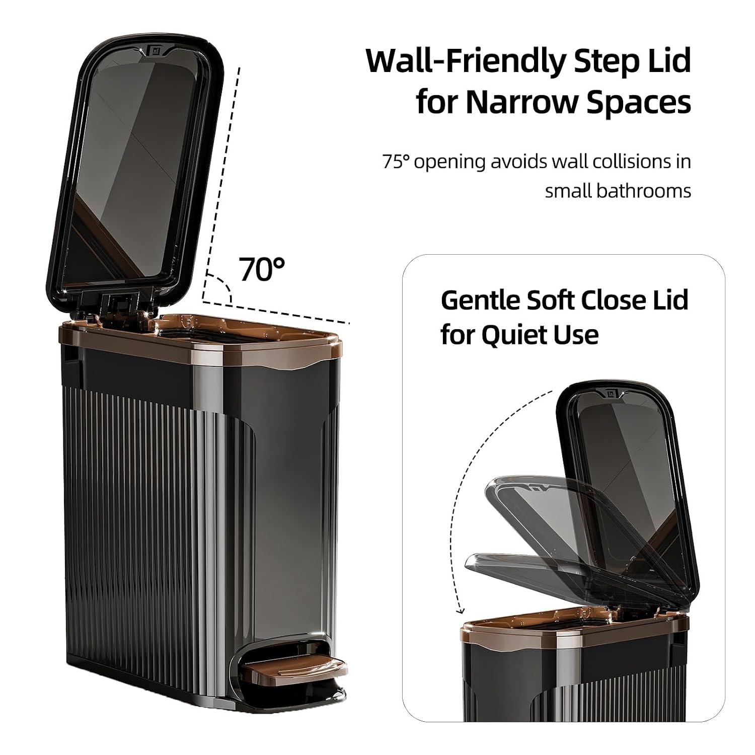 Slim Bathroom Trash Can with Lid, 10L Soft Close Step Pedal Black | Dual Open Step Pedal & Hand Press, 6.49" Ultra Narrow, Hidden Bag Holder, Odor Seal Waste Basket for Kitchen Office Bedroom