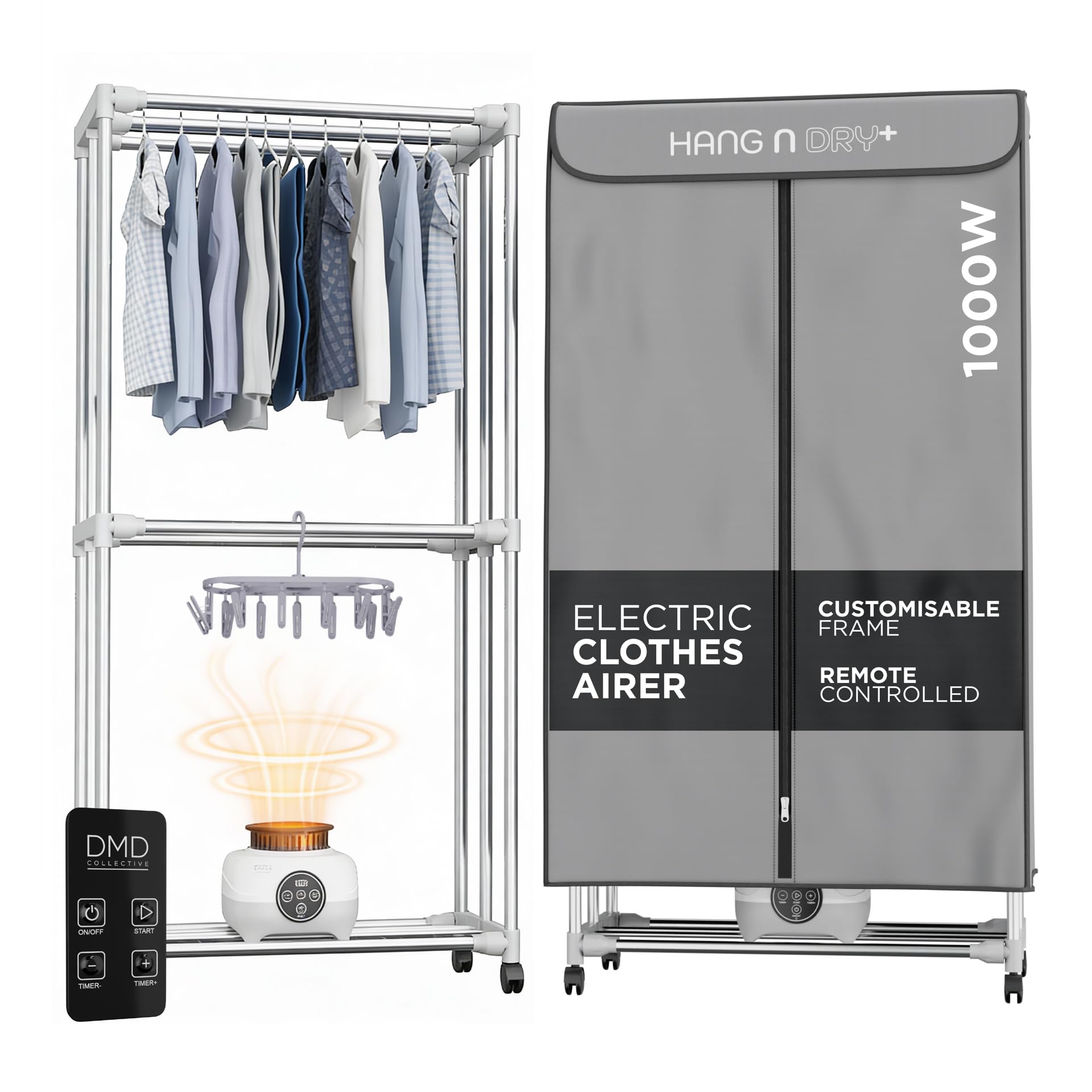 DMD Collective - Electric Clothes Dryer, 2-Tier Heated Clothes Airer, Energy-Efficient Electric Clothes Airer, 180 Minutes Timer, Auto Power-Off, 15kg Capacity, 1000W (Remote & Pegs)