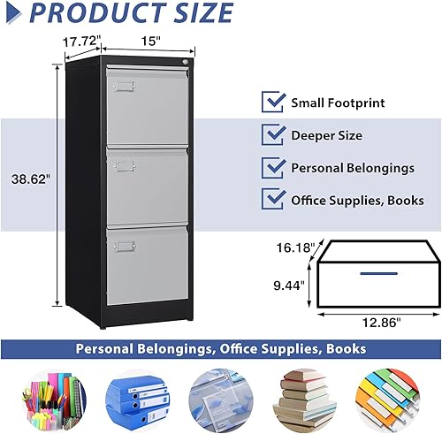 Miniatura 19 de Archivador de 3 cajones, archivadores para oficina en casa, gabinete de almacenamiento vertical de metal con cerradura, archivador de bloqueo