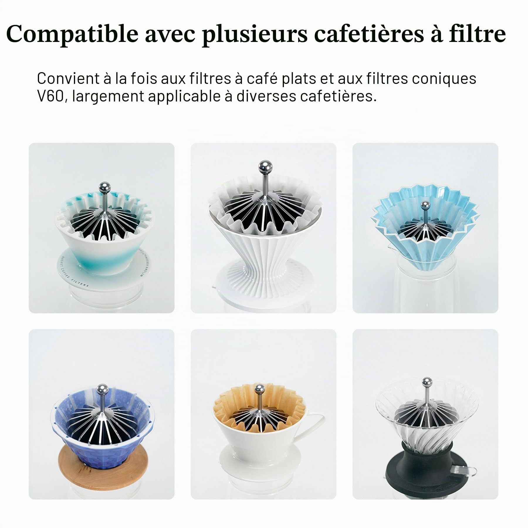 Papier Filtre Presse Tout métal Filtre à Café Retenue de Forme pour Papier Filtre V60 et Filtre en Forme de Panier pour Café à Verser (Argent)