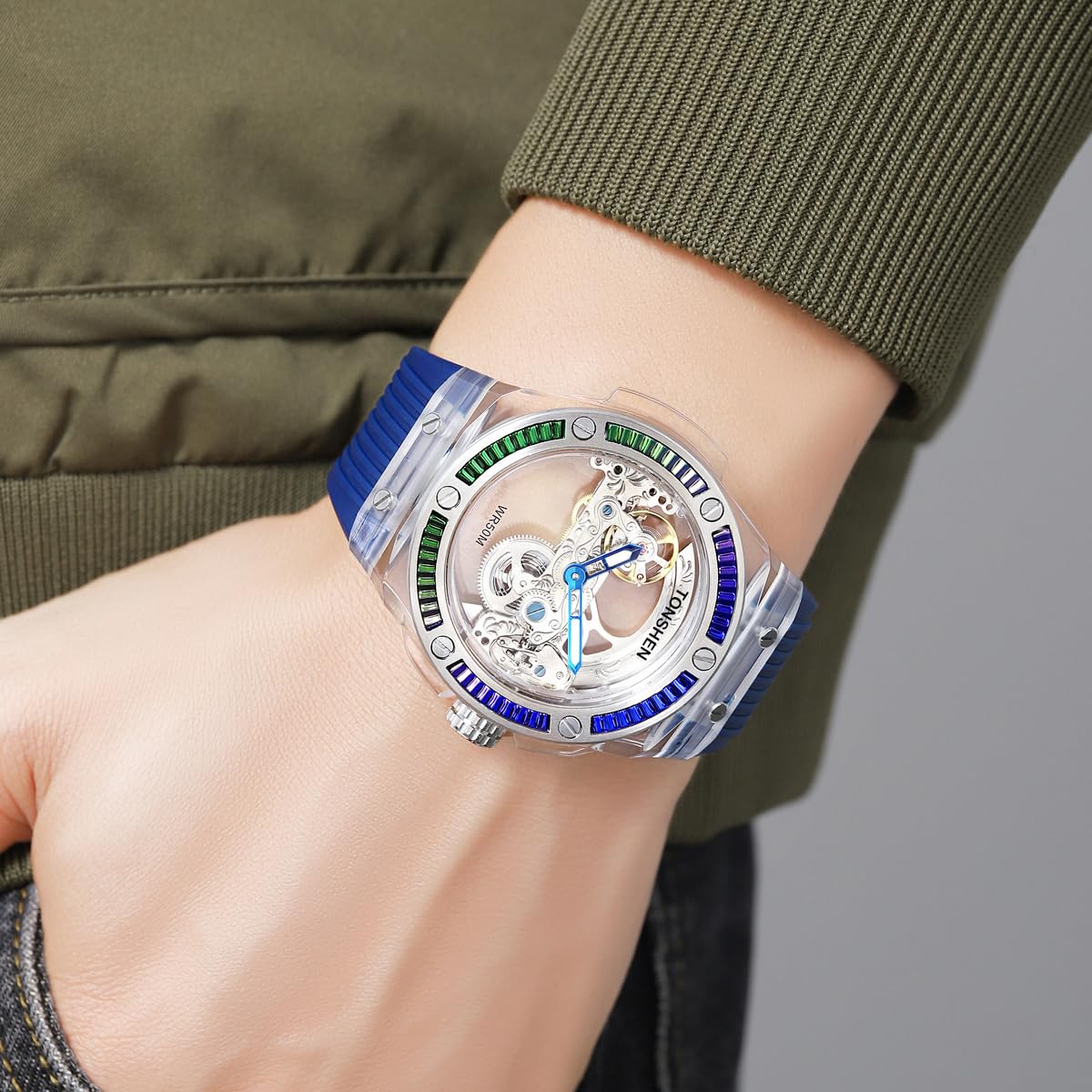 TONSHEN Fashion Acero Inoxidable Relojes da Unisex Analógico Automático Maquinaria Impermeable Reloj de Pulsera Goma Correa Hombres y Mujeres