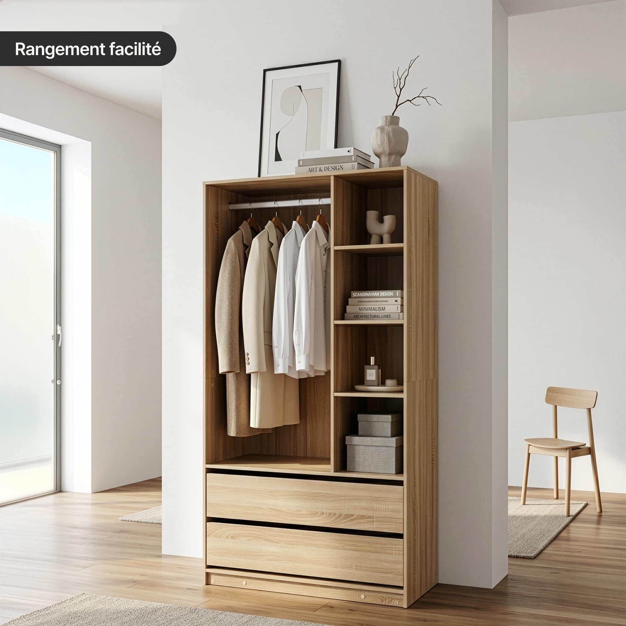 [en.casa] Armoire Ouverte Vippsaki avec 4 Compartiments de Rangement 2 Grands Tiroirs Barre de Penderie Stockage pour Chambre Dressing Portant à Vêtements 200 x 100 x 50 cm Effet Chêne