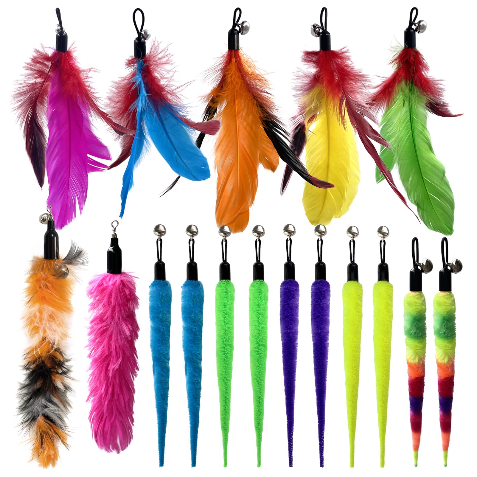 AcceLeah Recambios de varita de juguete para gatos, plumas naturales de pájaros, libélula y gusano de libélula, juguete de plumas de gato de repuesto para varita de gato (17 piezas (sin ojos))