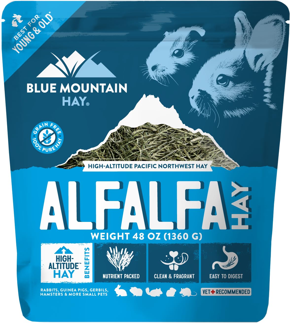 Blue Mountain Hay Organic Alfalfa Hay for Small Pets, Soft Leafy Feed, 48oz | Leafy Alfalfa Forage, High Protein and Fiber, Mineral Rich Nutrition, Small Pets and Farm Animals, Organic High-Altitude Hay